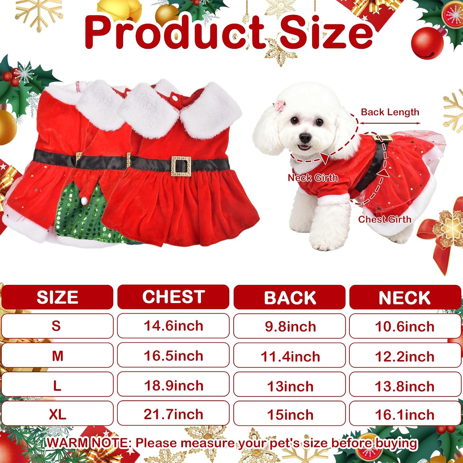 Dog Christmas Dress Outfit for Girl Dogs - 3 Pcs Puppy Clothes Set, Red Belt & Green Sparkly Sequin & Tulle Style Skirts for Small Medium Large Dog, Xmas Pet Cat Costume Dresses Outfits (S)