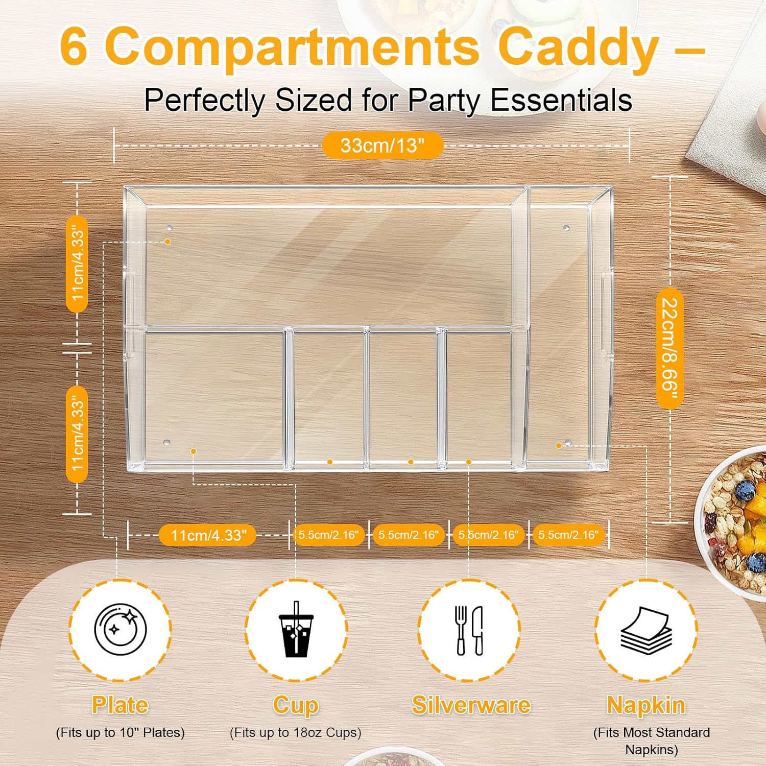 Acrylic Paper Plate Organizer and Dispenser – 6 Compartment Plate and Utensil Caddy for Plates, Cups, Napkins and Cutlery, Ideal for Kitchen, Parties, Picnics, Weddings, and Outdoor Events