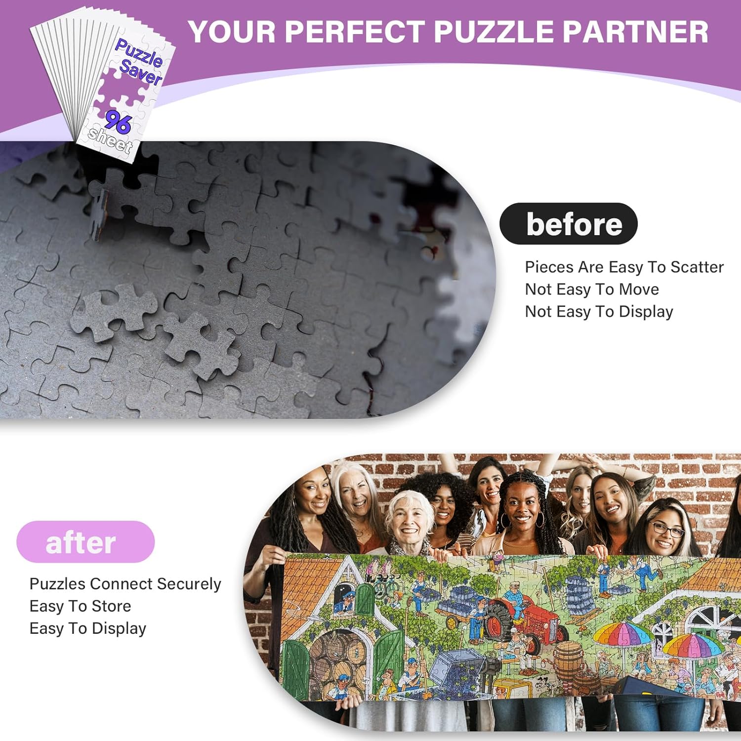 Puzzle Glue Sheets for 1000-Pieces, 96 PCS Puzzles Saver Sheets, Easy Peel and Stick Jigsaw Sticker Sheets, No-Clean Puzzle Glue Stickers, Gifts for Puzzles Lovers (96 PCS)