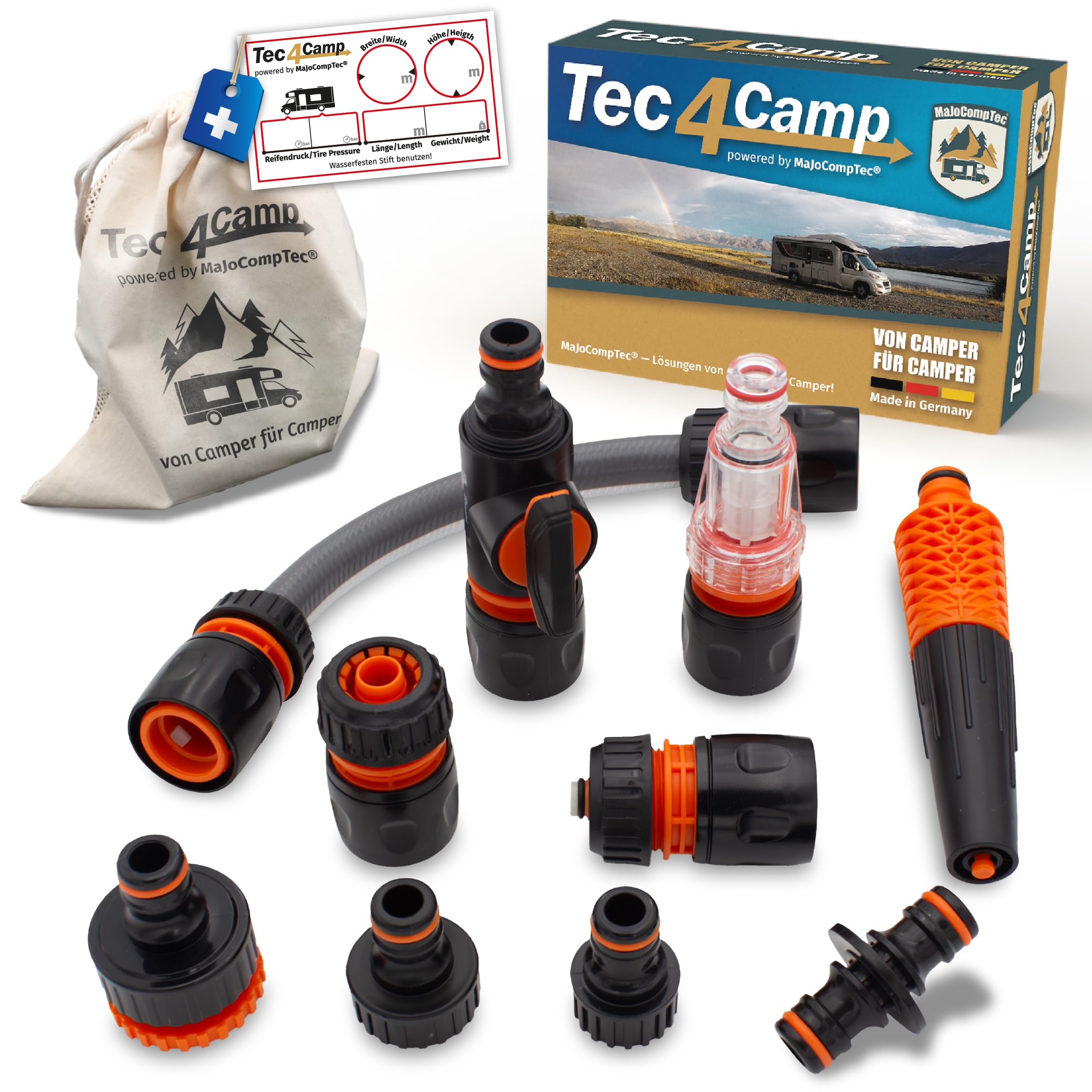 MaJoCompTec® CONNECT-30 Kit de filtre à eau pour camping-car - Embout de remplissage d'eau pour caravane - Accessoires pour bouchon de réservoir - Raccord de tuyau compatible avec Gardena (kit de