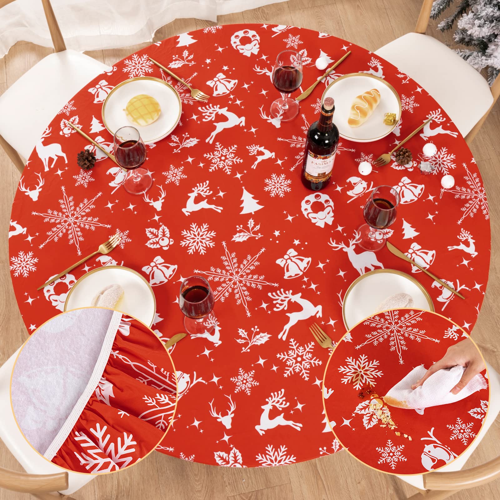 UMINEUX Round Christmas Tablecloth with Elastic Edged & Flannel Backing, Waterproof Wipeable Round Fitted Vinyl Table Cover for Indoor Patio Use - Fits Tables up to 40"-44" Diameter(Elk) โ image 1