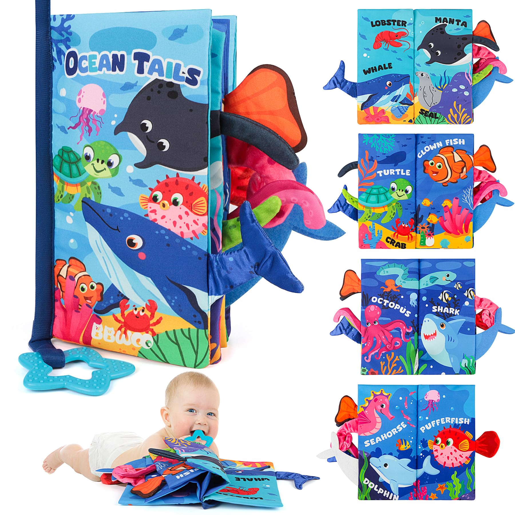 BBWOO Baby Spielzeug 0 6 Monate Babybuch Sensorisches Stoffbuch, Interaktive Fühlbuch Knisterbuch ab 0 3 6 Monate Lernspielzeuge Quiet Book Geschenk für Neugeborene (Meereslebewesen)