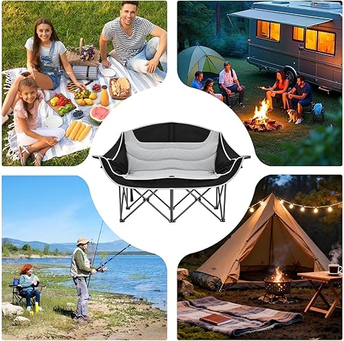 Miniatura 4 de Silla de campamento de doble asiento, plegable y resistente, silla portátil de gran tamaño con marco resistente, asiento cómodo para picnic,
