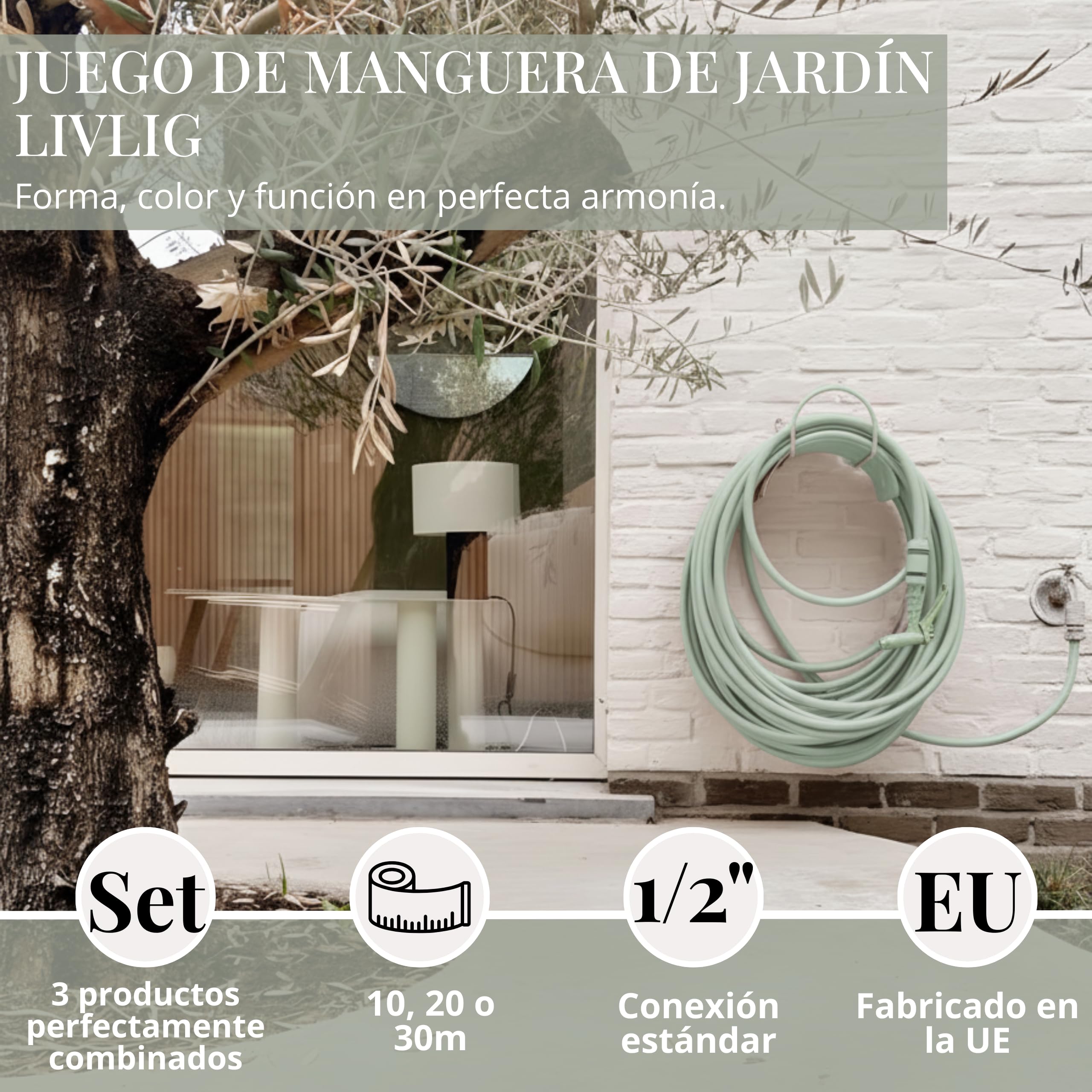 Juego de manguera de jardín de 20 m, manguera de agua de 1/2 pulgada con soporte de pared y pistola de jardín de plástico de alta calidad (3 funciones de pulverización), manguera de riego con