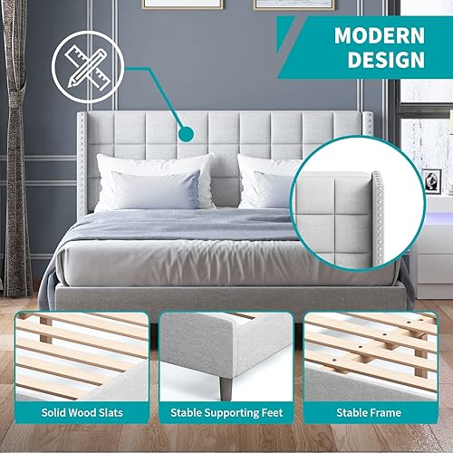 Miniatura 4 de BALUS Marco de cama de plataforma tamaño Queen con cabecero de respaldo aladomarco de cama tapizado con soporte de listones de madera macizafácil