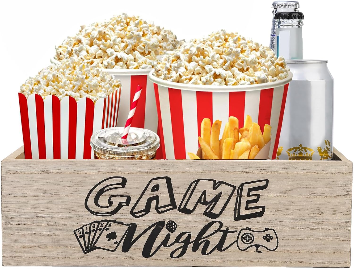 Wooden Movie Night Snack Tray with Handles – Reusable Popcorn Bucket Organizer for Theater Room Decor – Sturdy Gift Basket for Family Movie Nights & Holiday Parties (Popcorn Bucket)