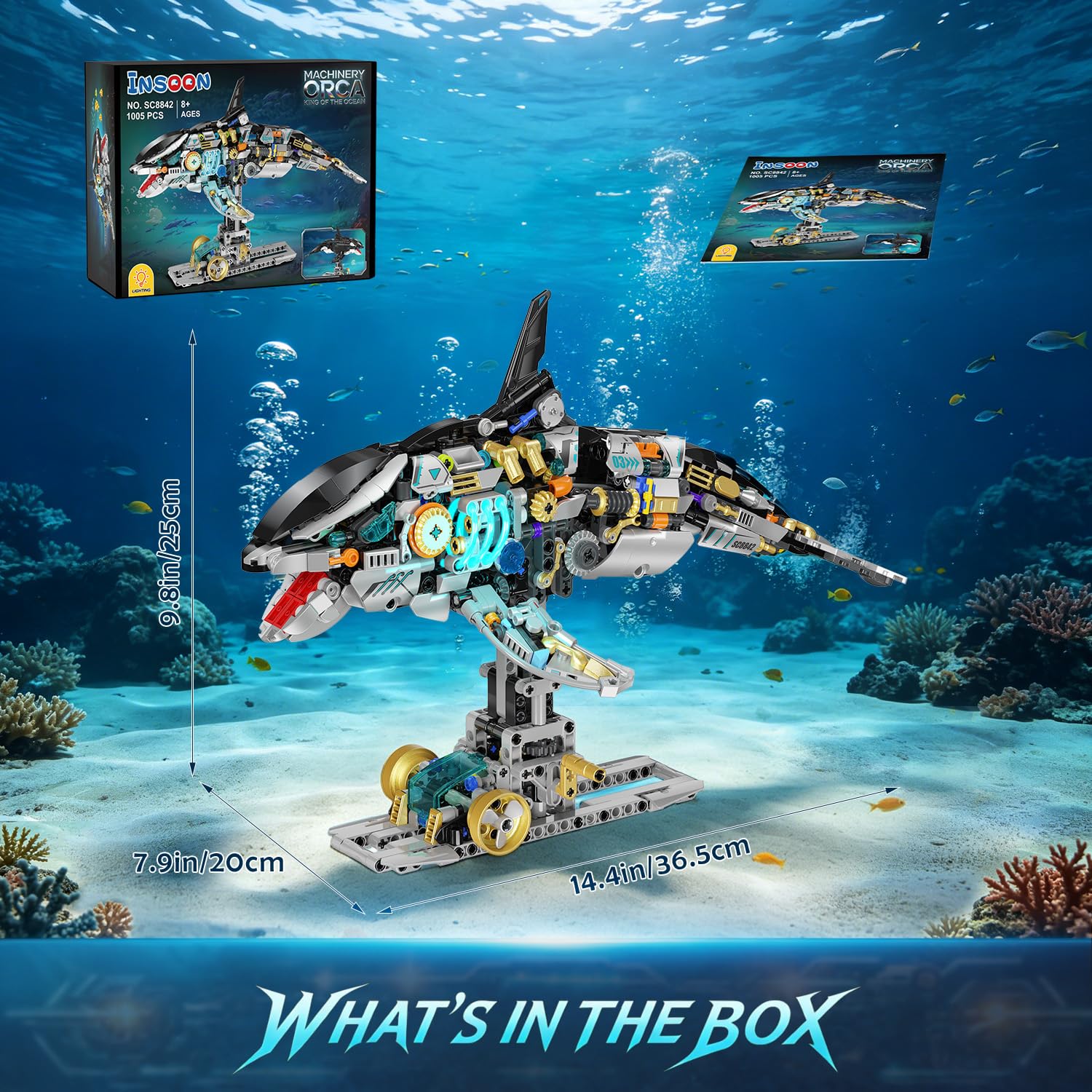 INSOON Orca Meccanica Set di Costruzione STEM per Bambini 12+ | Kit costruzione orca con meccanismo a manovella, gioco marino STEM, regalo di compleanno e Natale per bambini e adulti