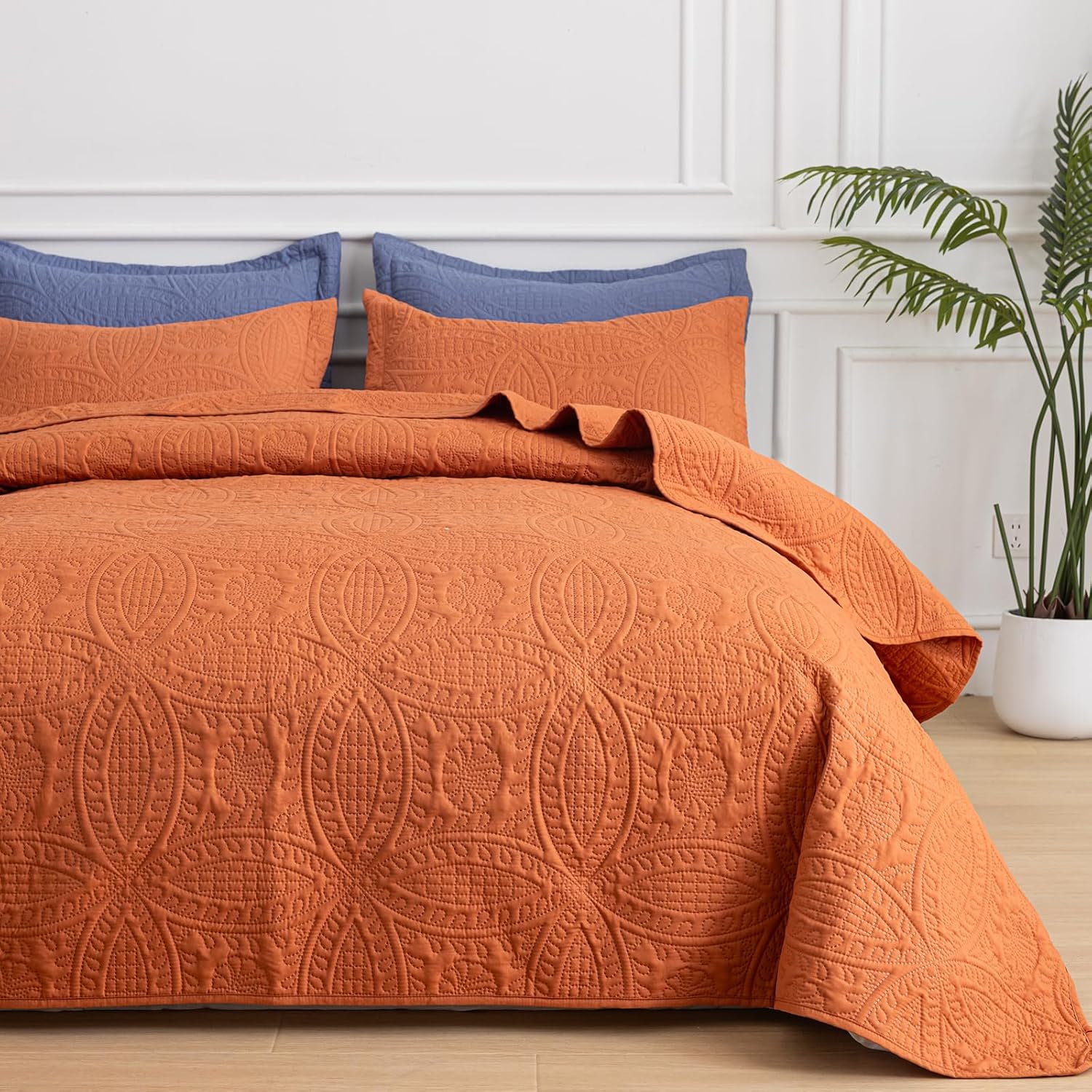 SheRest Twin Quilt Bedding Set - Soft Breathable Bed Quilt, Modern Style Embossed Bedspreads, Lightweight Microfiber Coverlet for All Seasons, Burnt Orange, 1 Quilt&1 Pillow Sham