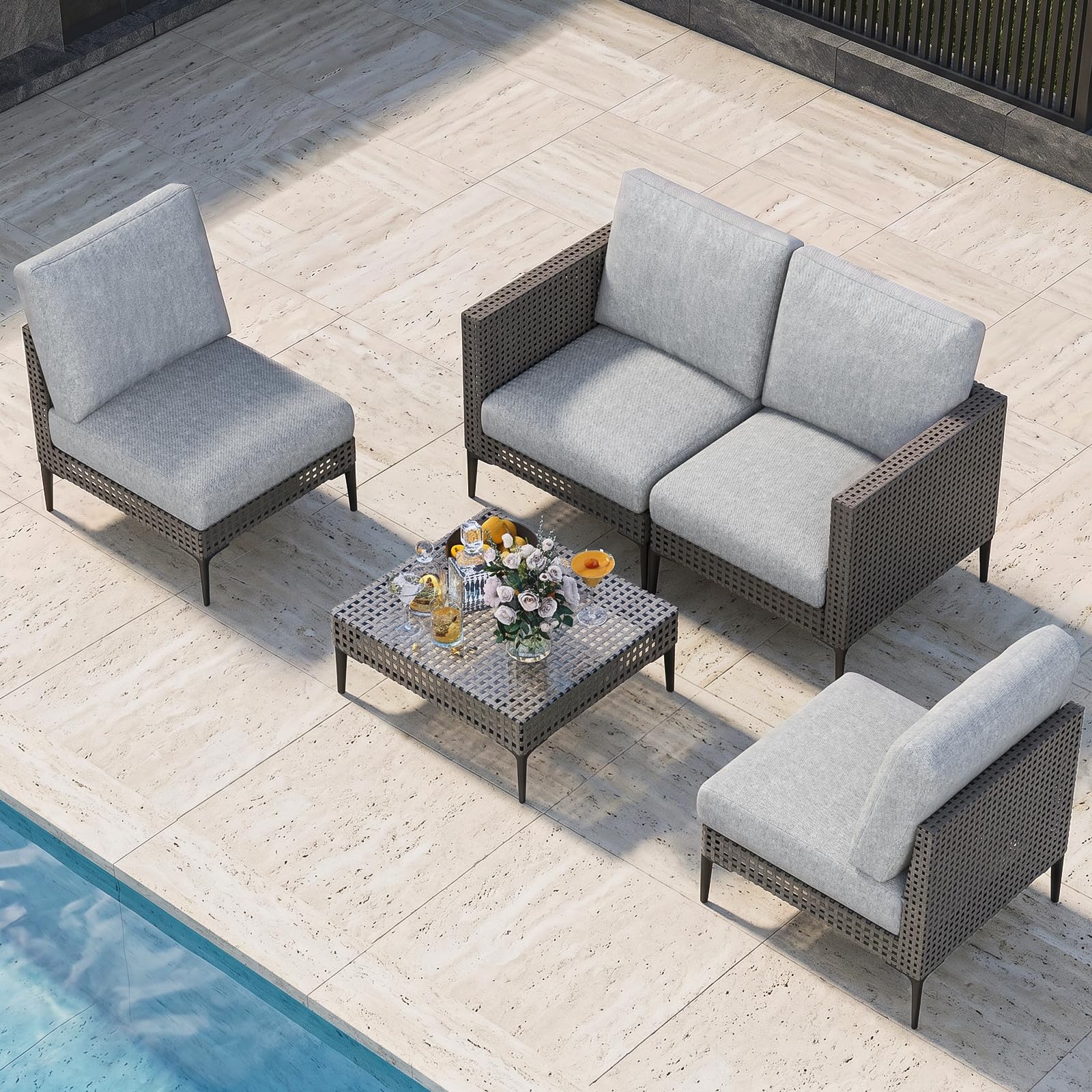 Photo 1 of **Box 1 is missing.

Jocoevol 5 Pieces Outdoor Patio Conversation Set – Rattan L-Shaped Corner Sofa Comfortable Thickening Cushions for Garden, Balcony,Weatherproof Waterproof UV Resistance