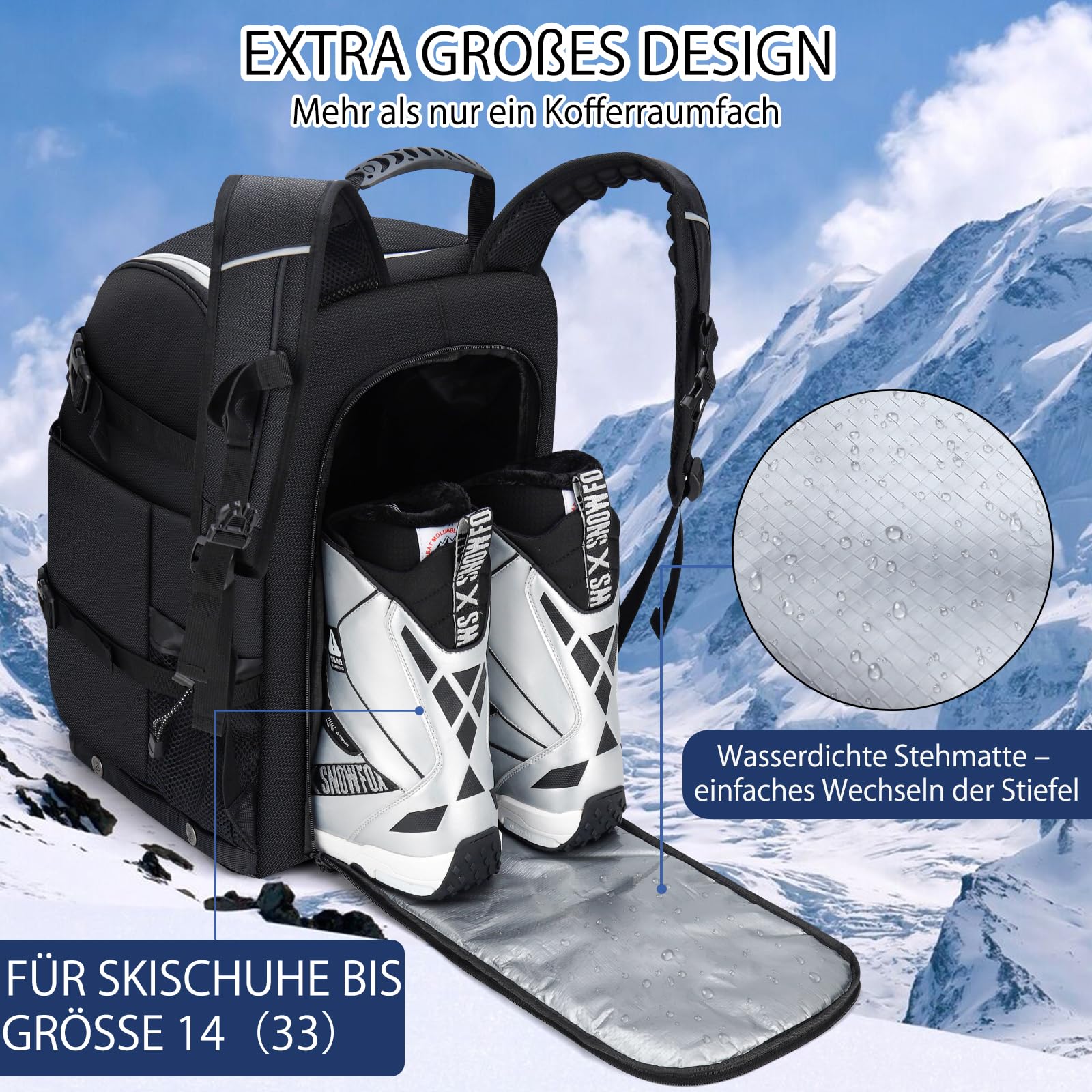 Sac à Dos Ski MoopGou 50L - Étanche - Pour Chaussures, Casque, Lunettes - Bandes Réfléchissantes - Homme/Femme