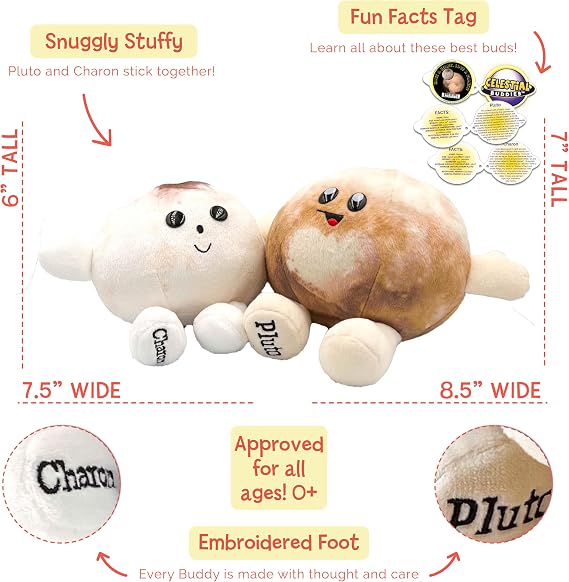 Celestial Buddies Pluto & Charon Buddy | 7.5, 8.5 Soft Stuffed Plush Embroidered Features Fun Planet Facts Tag for Kids STEM Learning Educational Gift Classroom Homeschool Science Space Astronomy 0+
