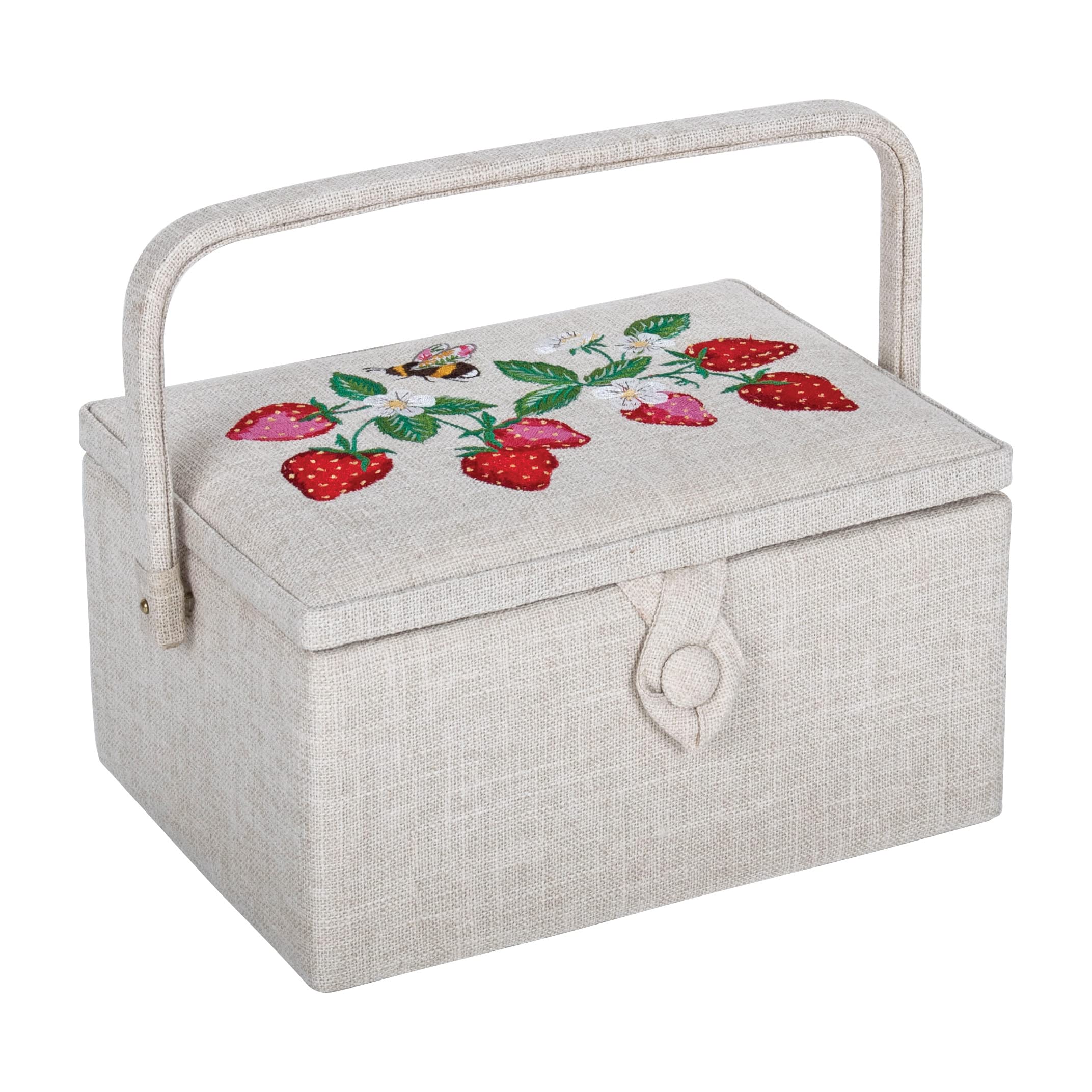Hobby Gift Medium Sewing Box Organiser with Handle - Cotton Sewing Storage Box, Craft Storage with Compartments for Tools & Accessories - 18.5 x 25.5 x 14.5cm, Embroidered Natural Strawberries