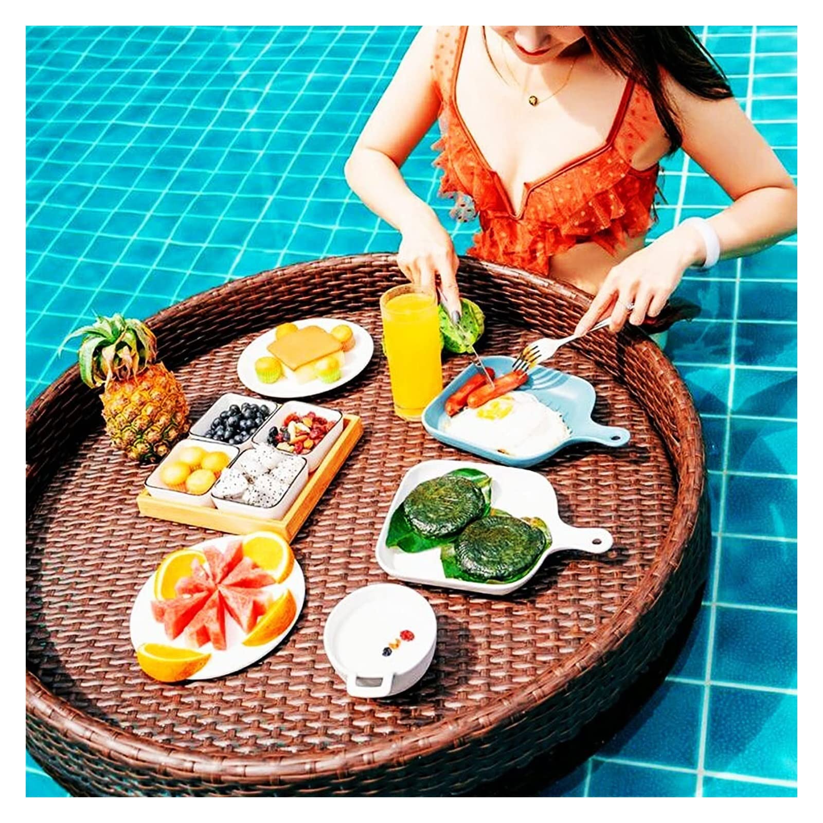 Plateau de Service Flottant de Luxe, Table de Plateau de Piscine, Plateau de Service Flottant de Luxe, Table et Bar, Plateau de Piscine Flottant tissé en rotin, Plateau de Petit-déjeuner flo