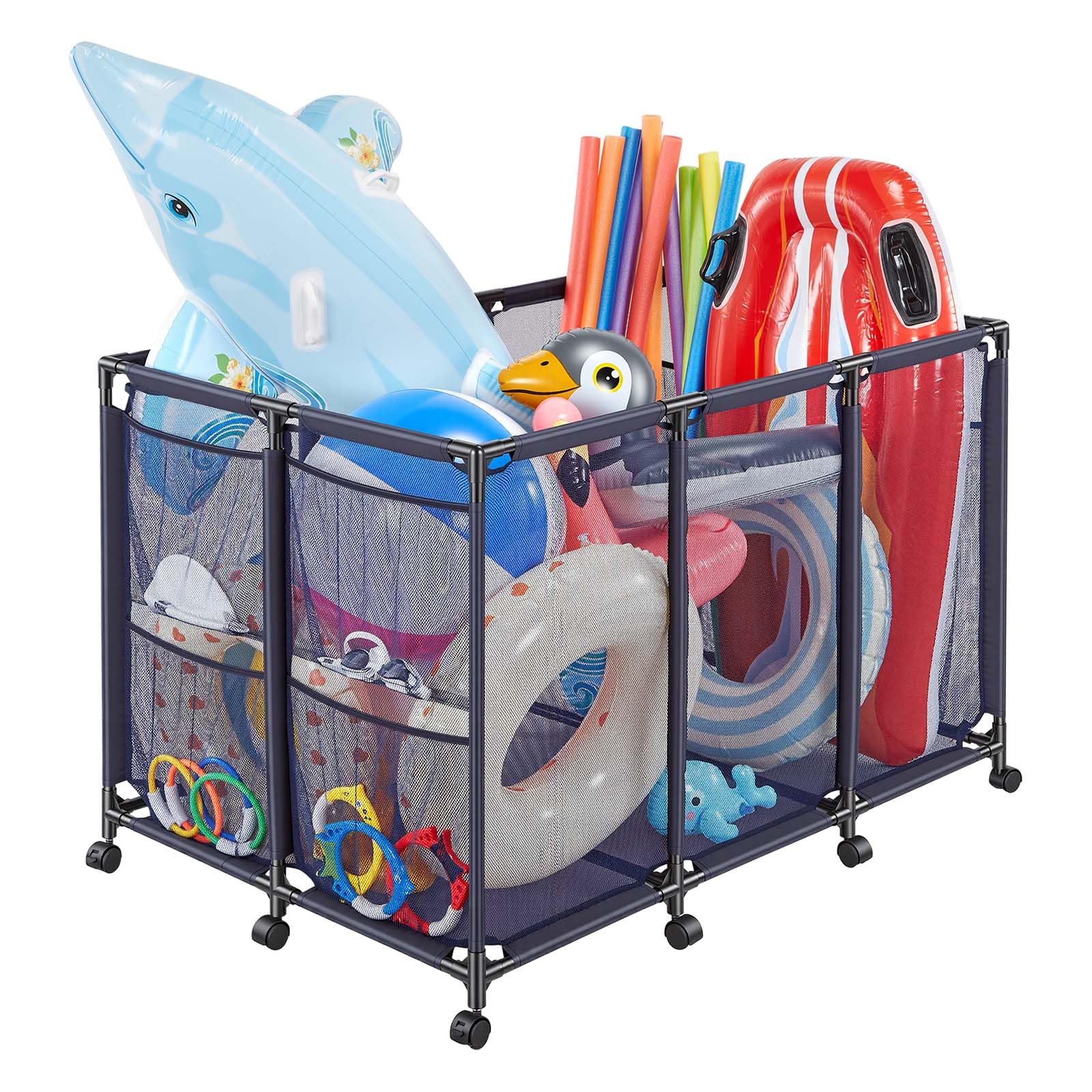 VEVOR Panier Rangement Flotteurs Piscine 125x84x84 cm Bac Stockage Bouées Maille avec Roulettes Poches Latérales Cadre Métal