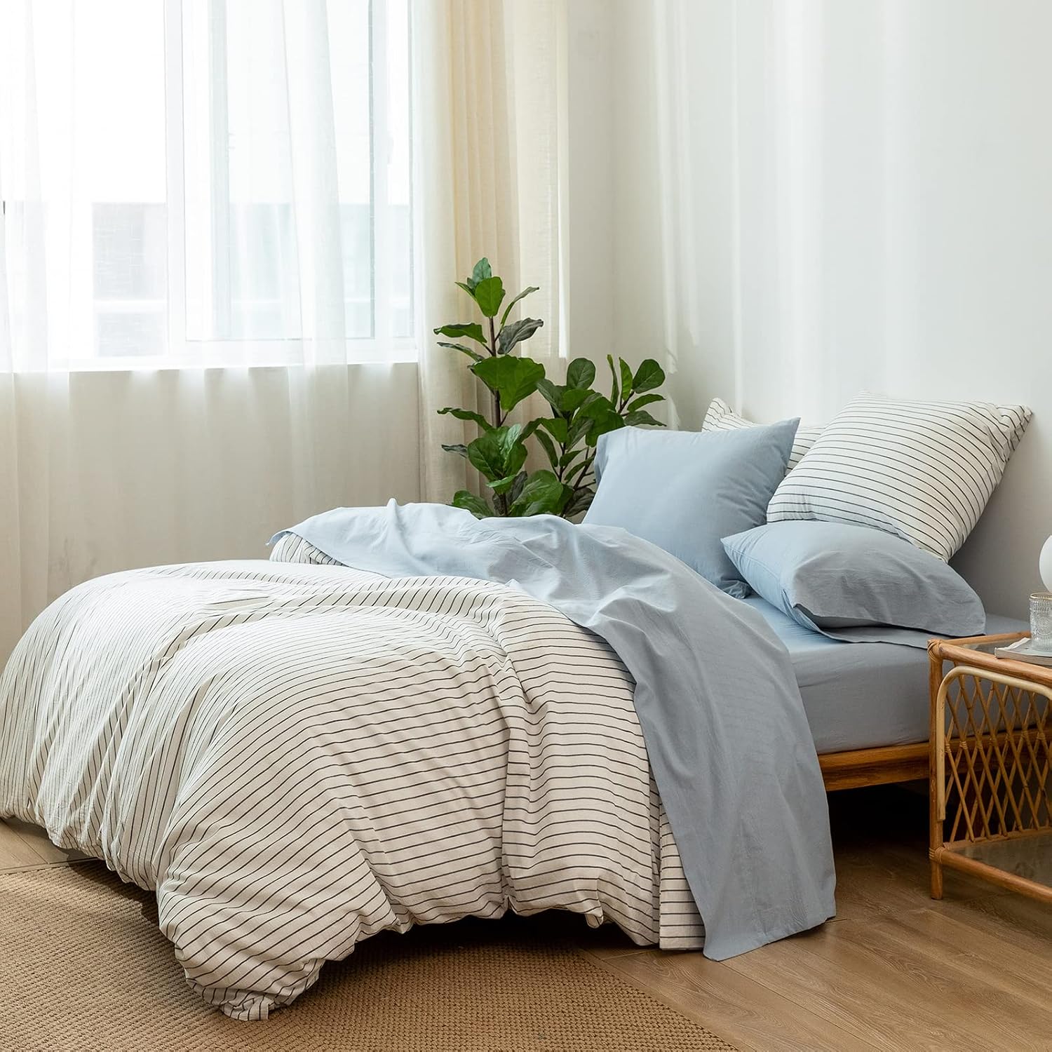MooMee Bedding Sheet Set 100% Washed Cotton Linen Like Textured Breathable Durable Soft Comfy (Cornflower Blue, King)