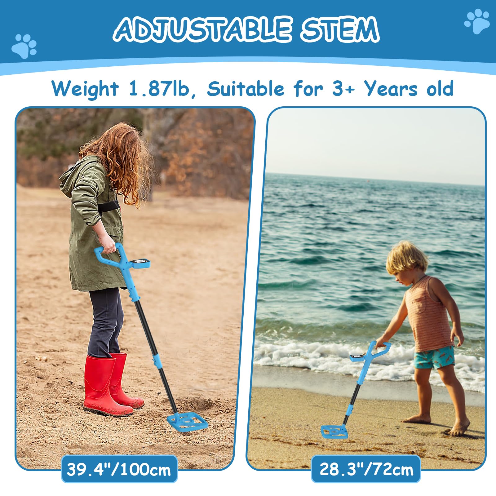 OMMO Metal Detector per Bambini, Metal Detector Ricaricabile USB con Schermo LCD retroilluminato, 28.3 ''-39.4 '' Regolabile per Bambini, Detector con Bobina Impermeabile IP67 per Caccia al Tesoro