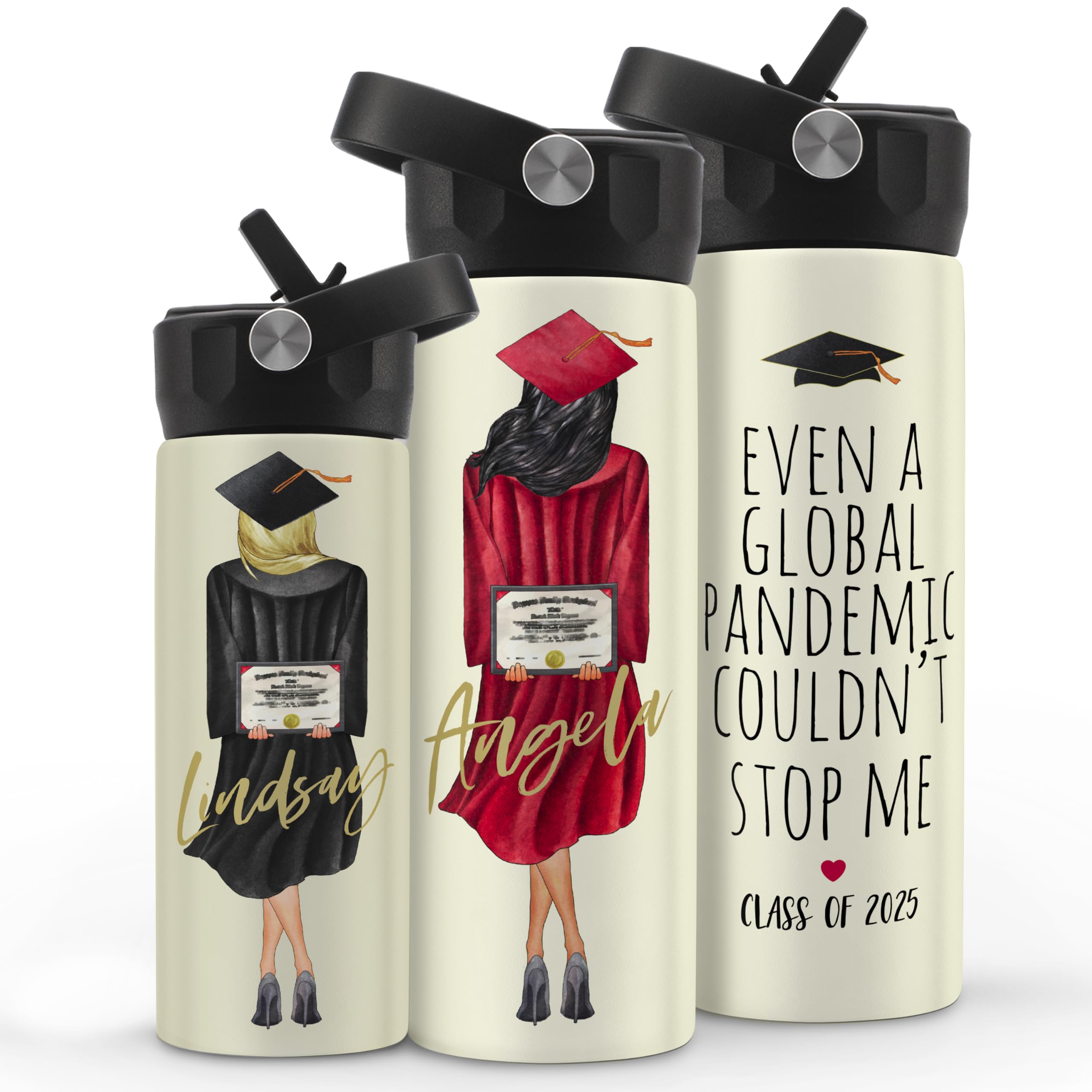 Graduation Gifts for Her, Personalized Water Bottle for Women - 14 or 20 Oz - Custom Hair Styles, Hood & Skin Color - Custom Graduation Gift w/Name & Text, High School, College, Class of 2025