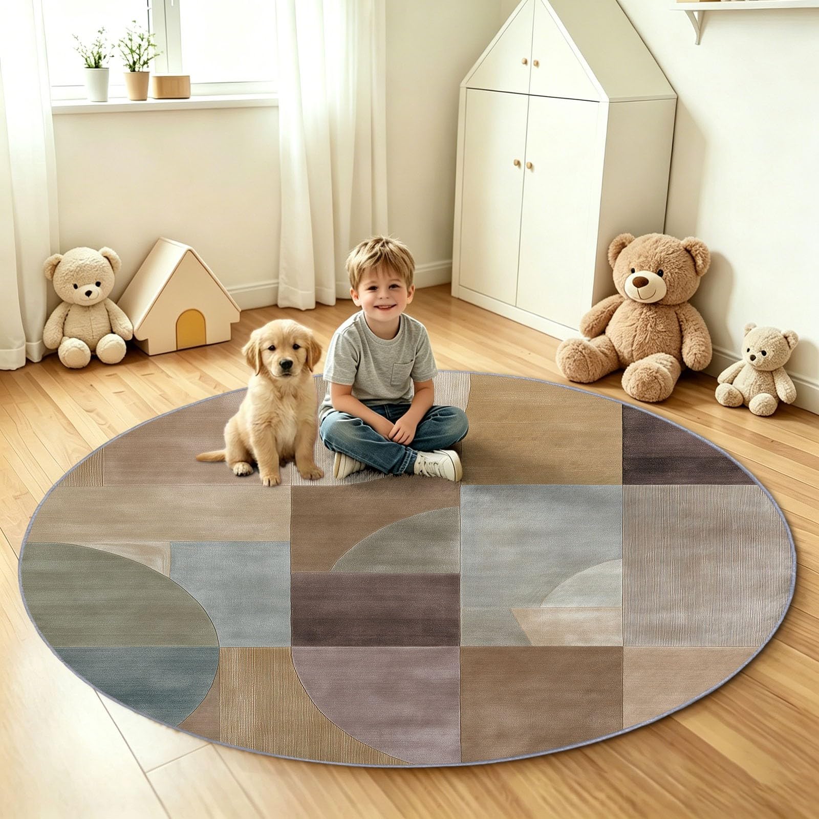 Tapis Rond Lavable en Machine pour Enfants 100 cm, Poils Doux et Facile à Entretenir Minimalisme Moderne Chambre à Coucher Salon Bureau Tapis Antidérapant Couleurs Résistantes Assemblages Géométriques
