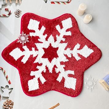 YRXRUS Christmas Snowflake Bathroom Rug, Christmas Decorations, Red White Snow Shaped Mat, Living, Bedroom, Kitchen, Childrens Room, Porch Mat, Accent Area Rugs 25.6x25.6 Inches
