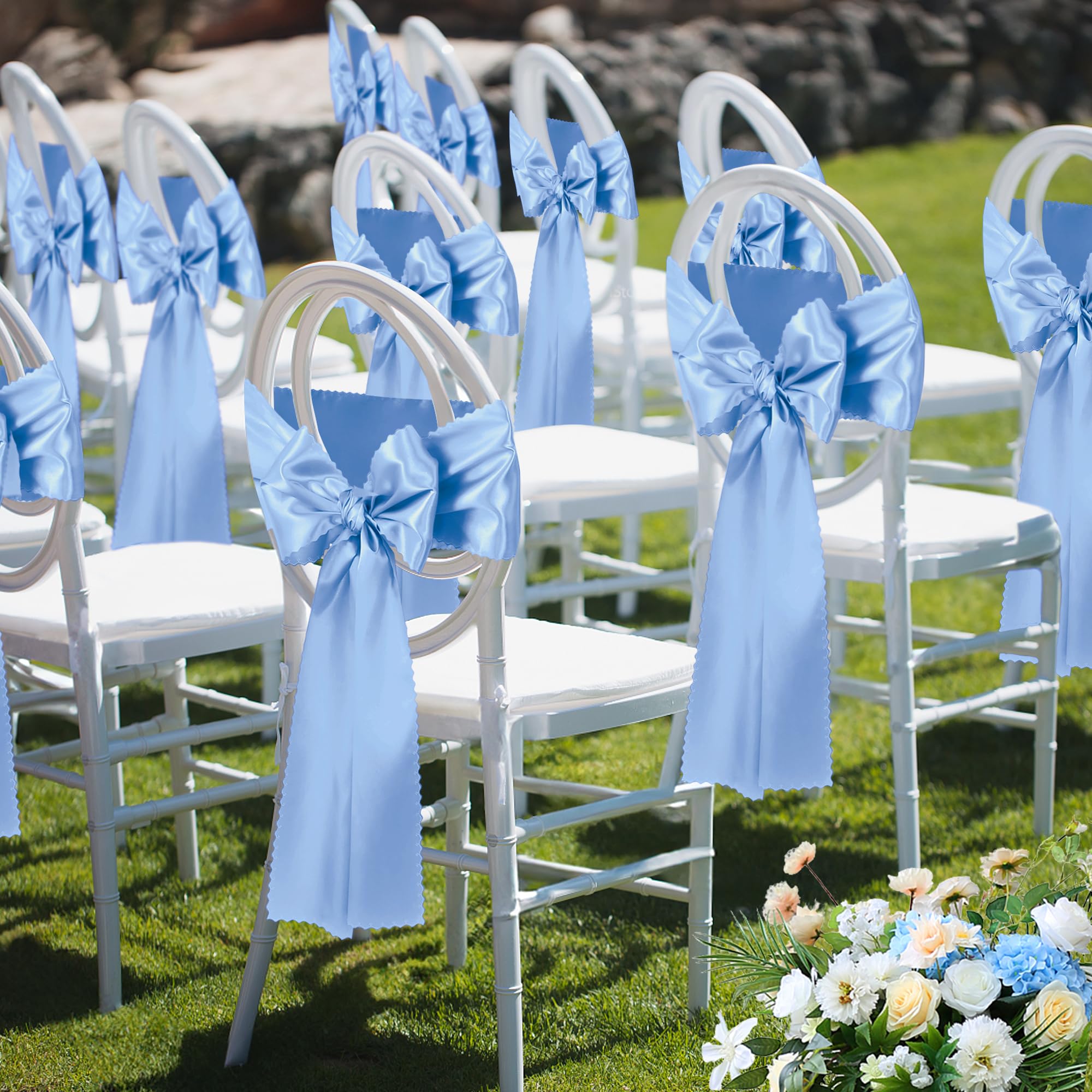 VACVELT Paquete de 6 caminos de mesa de satén de 12 x 72 pulgadas de largo, color azul claro, caminos de mesa de boda, caminos de mesa suaves y brillantes para fiestas de cumpleaños, banquetes,