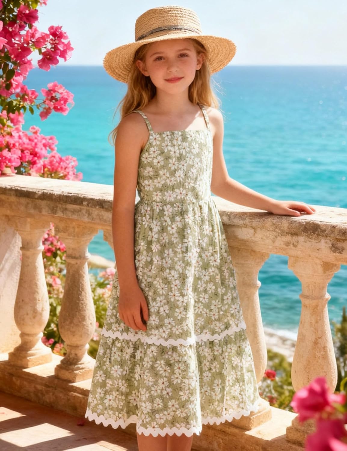 Arshiner Girls Summer Spaghetti Strap Dresses Flowy Tiered Cami Maxi Sundress with Pockets - Image 5