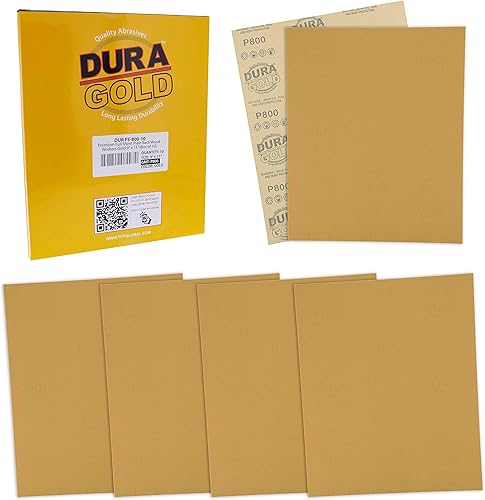 Dura-Gold Hojas de papel de lija dorado prémium de 9 x 11 pulgadas, grano 800 (caja de 10)  carpintería para muebles de madera, pintura automotriz,