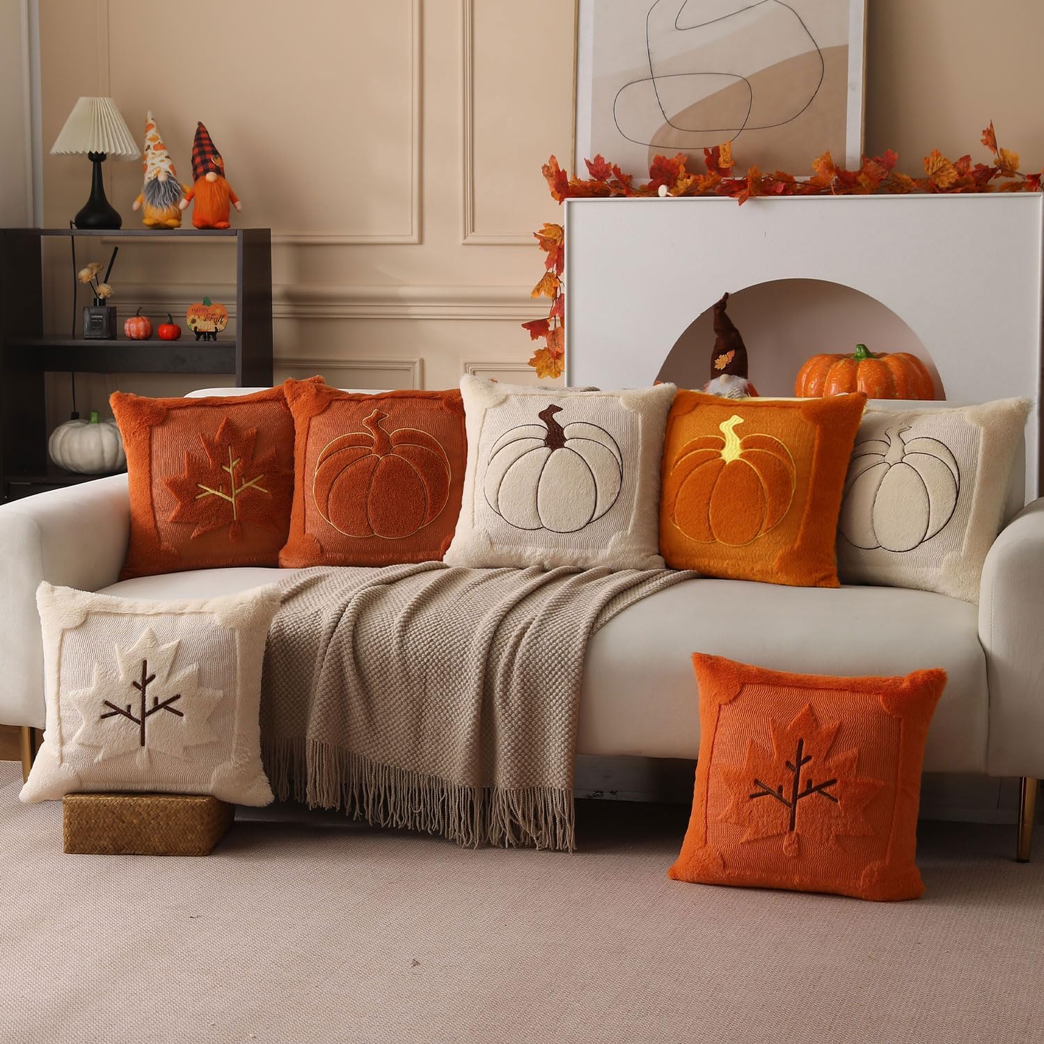 Allorry Fall Pillow Covers 20x20 Set of 2 Fall Beige Pumpkin Embroidery Throw Pillow Covers Soft Plush Faux Fur Cushion Covers for Sofa Bedroom Living Room Autumn Thanksgiving Home Decor PT-010A20