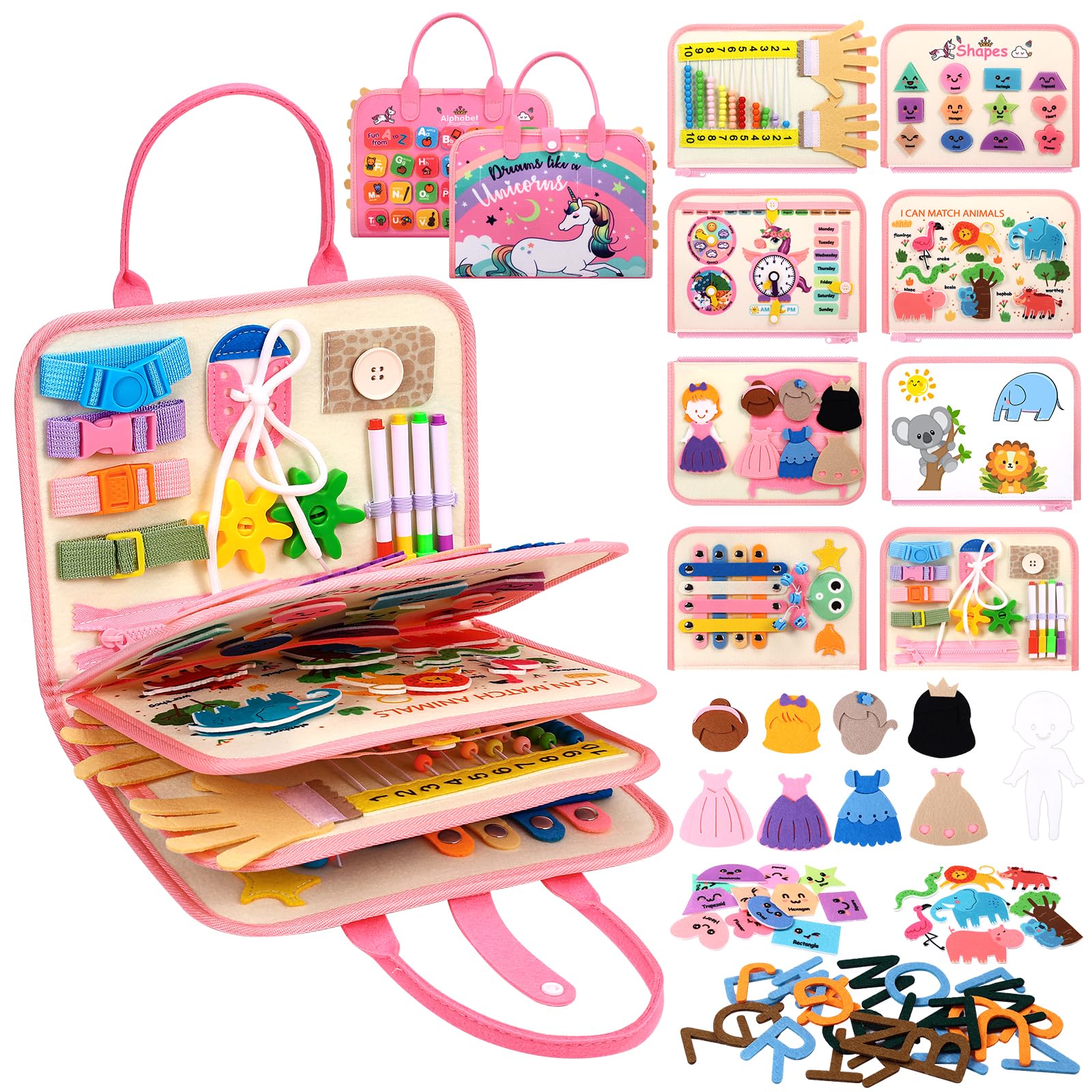 Banney Board Montessori pour Enfants, Planche en Feuille Douce pour Une éDucation PréCoce, Jouets D'Activité et de DéVeloppement, Anniversaire pour 1-4 Ans Enfants Jeunes Filles (Licorne)