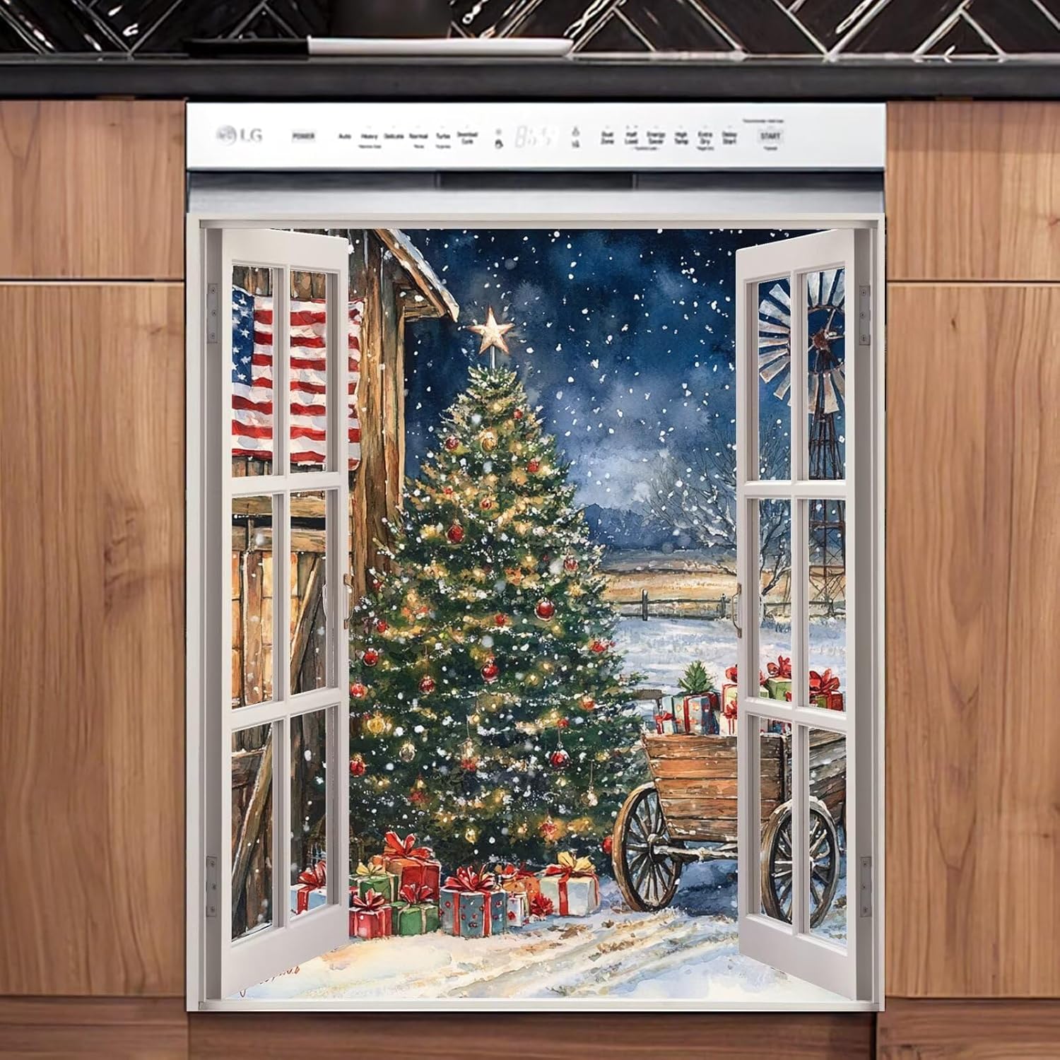 Window Christmas Tree Magnetic Dishwasher Cover Decal, Christmas Tree Moonlight Dishwasher Panel Decal, Christmas Kitchen Decor Sticker, 23"x26" Ordinary