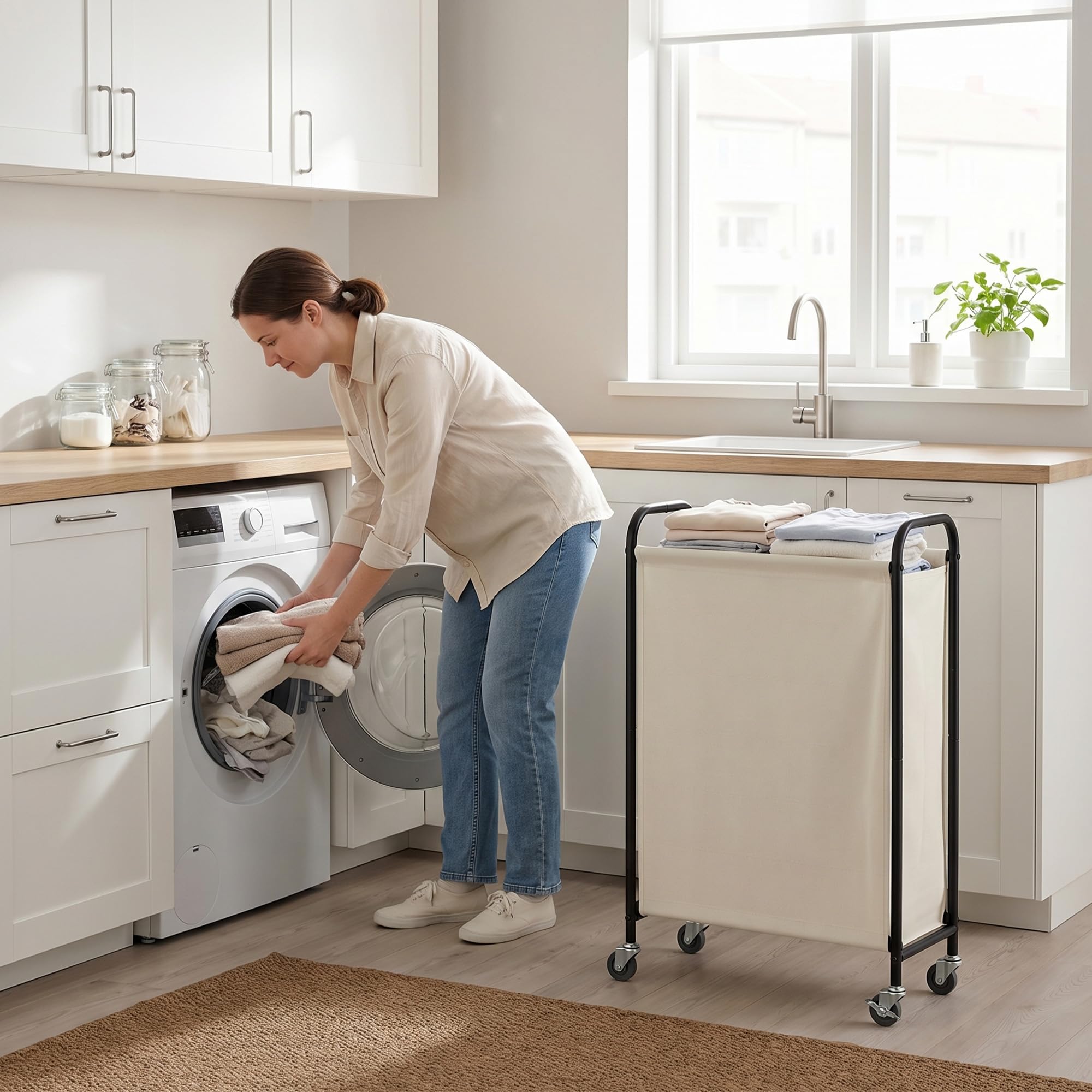 GRANNY SAYS Cesto de la Ropa de 80 Litros con Ruedas, Cesto de Tela con Ruedas, Organizador de Ropa Estrecho, Cesto Alto para Armario, Lavadero o Baño, Slim Laundry Basket, Color Beige