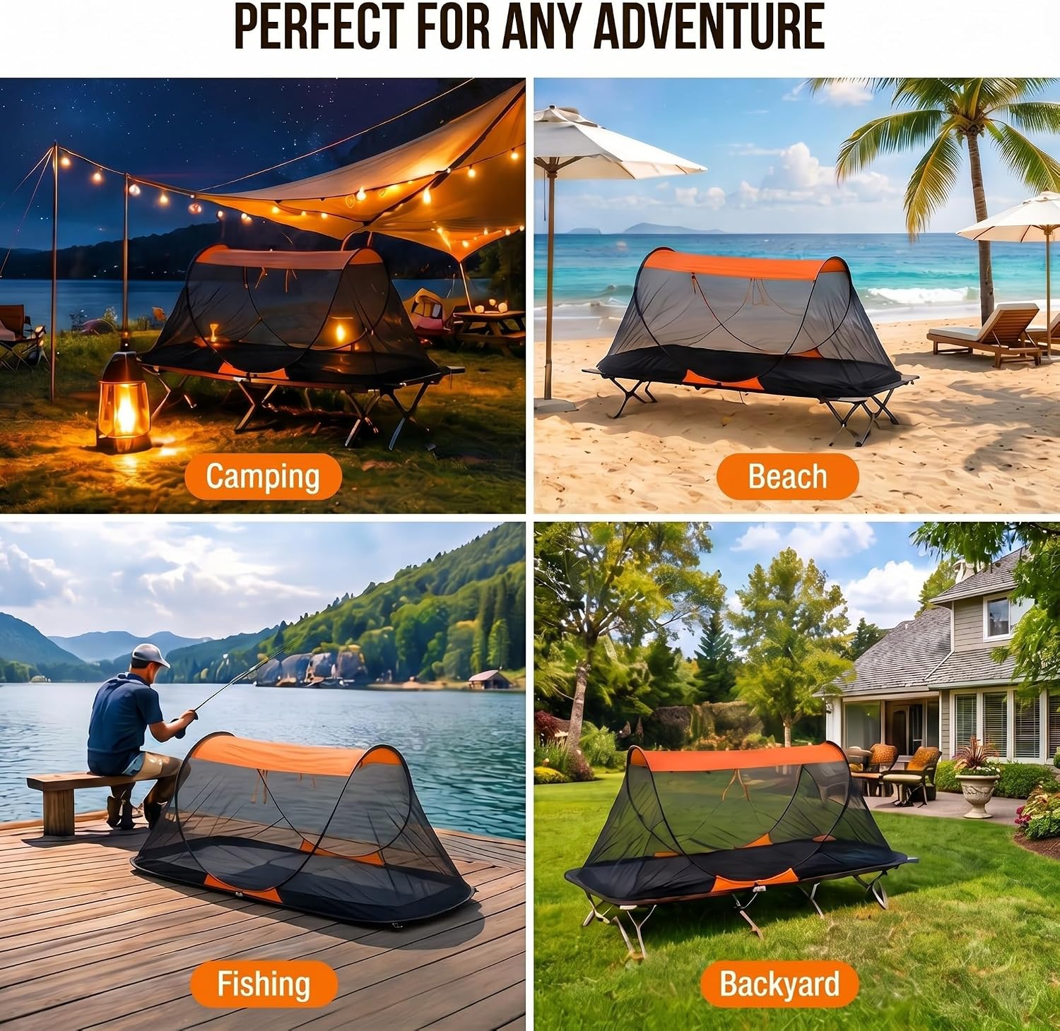 Pop up Mosquito Tent for Camping, 86.6 x 41 x 35 Inch Bug Net Tent with Instant Automatic Setup, Lightweight Portable Screen Net Fits Most Camping Cot for Outdoor Hiking Travel(Orange)