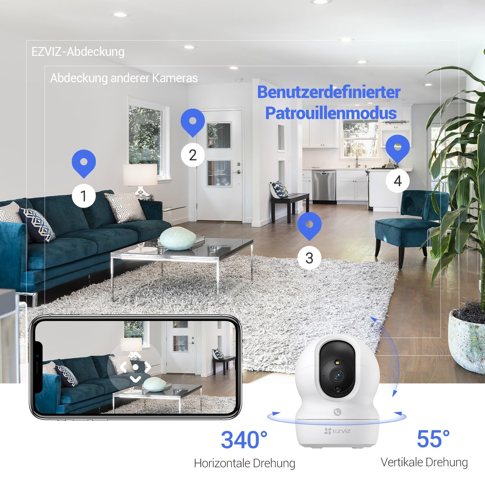 EZVIZ WLAN Türspion und Innenkamera Set, Video-Türklingel CP4 mit Touch-Farbbildschirm & Bewegungsmelder, PTZ Kamera CP1 Pro 4MP mit Personenerkennung & Farbnachtsicht, CP4 und CP1 Pro 2K+