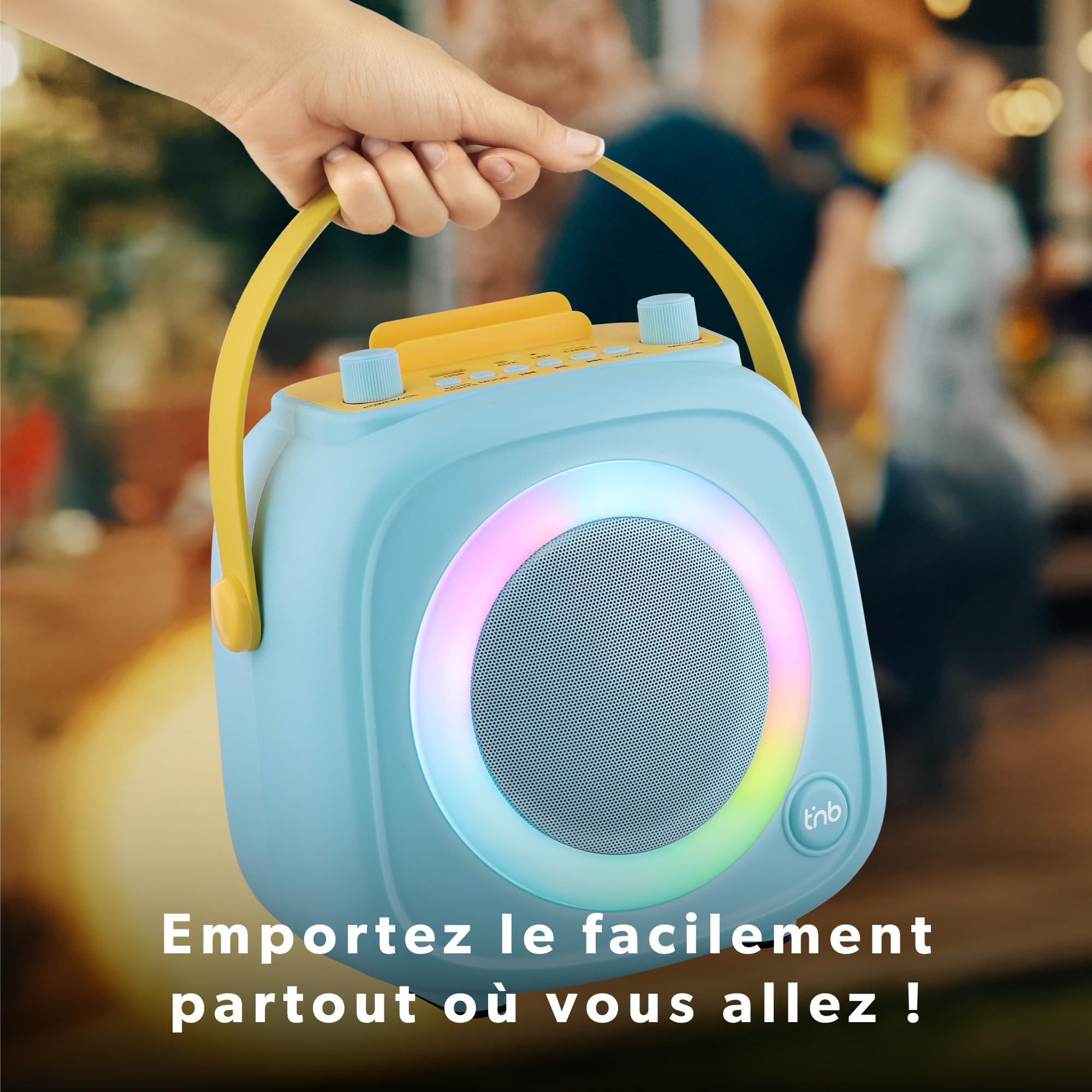 T'nB - Enceinte Bluetooth Karaoke, Idée Cadeau Noel, 2 Microphones sans Fil, 5 Effets Vocaux, Anneau Lumineux RGB, USB et Jack 3,5 mm, Poignée de Transport, Autonomie 5 h, Système Portable - Bleu