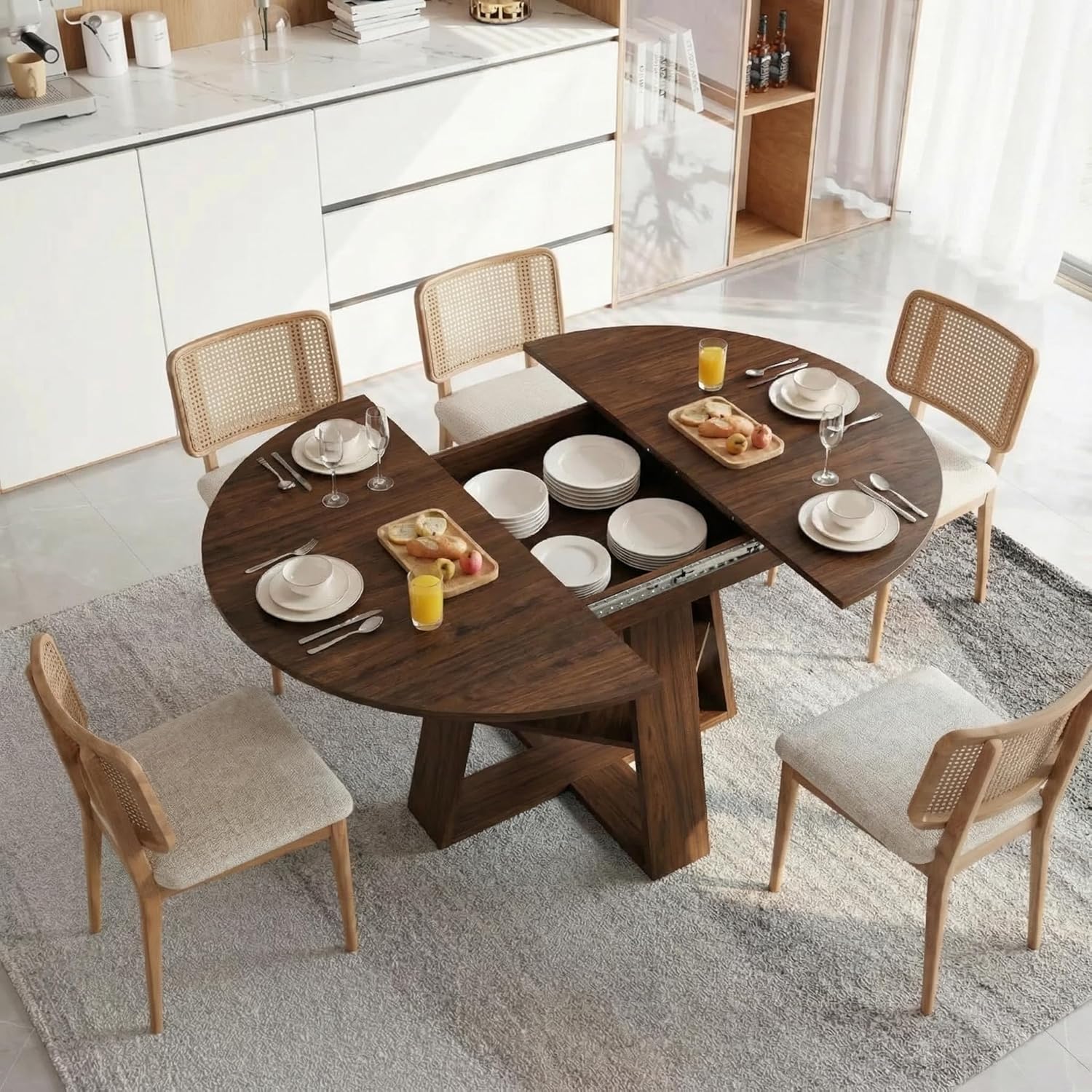 Henf 43.3"-59" Round Extendable Dining Table for 4-8 Person,Farmhouse Oval Expandable Kitchen Table Set with Storage Removable Leaves, Space Saving Transformer Dining Room Table for Apartment,Walnut