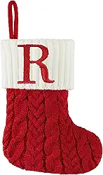 Meias de Natal com iniciais, mini letras de 17 cm, bordado pequeno cabo vermelho branco tricotado decoração de Natal para casa, família, férias, árvore de Natal, lareira presentes, letra R