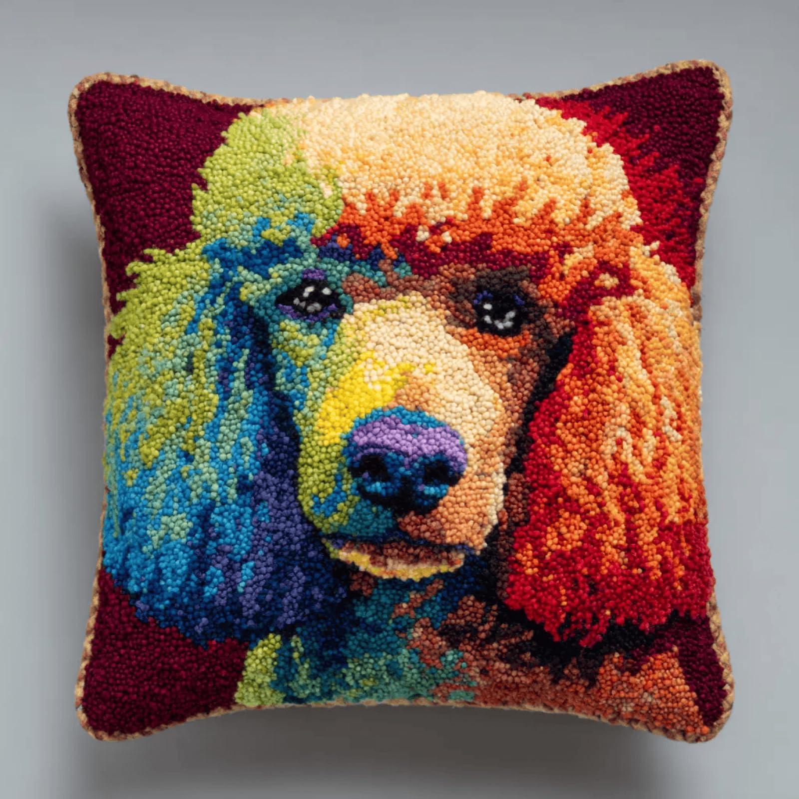 ANSIWEIGO Dog Latch Hook Kits for DIY Throw Pillow Cover,Poodle Pattern Sofa Cushion Cover Latch Hook Craft Kits with Printed Canvas for Beginners Adults - 17x17 in