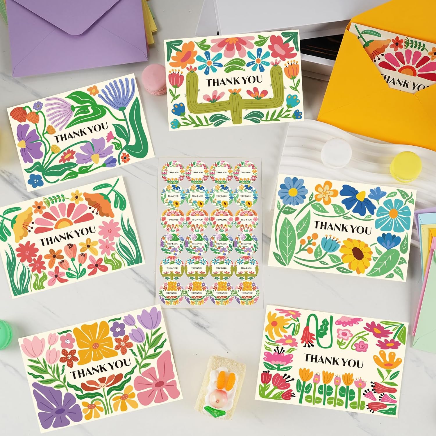 24 Pack Thank You Cards Bulk with Envelopes & Stickers, 4×6 Inches Retro Abstract Florals Appreciation Cards Notes for Teacher, Coworker, Baby Shower，6 Designs - Image 7