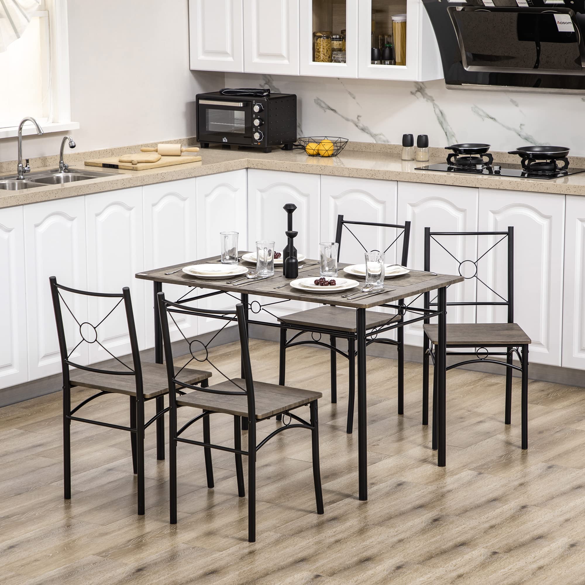 HOMCOM Tavolo da Pranzo con 4 Sedie, Set 5 Pezzi in MDF e Metallo per Sala da Pranzo, Cucina, Bar e Soggiorno, Marrone e Nero