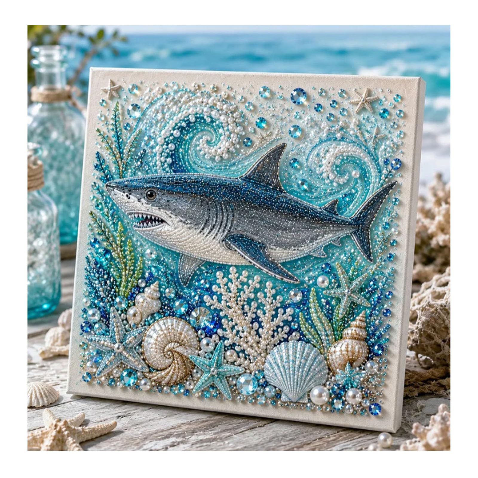 zoocco Pearl Art Kits for Adults, Ocean Animal Diamond Painting Kit with Octopus Whale Turtle Shark Dolphin, 3D Pearl Gem Art Craft for Wall Decor (Shark)
