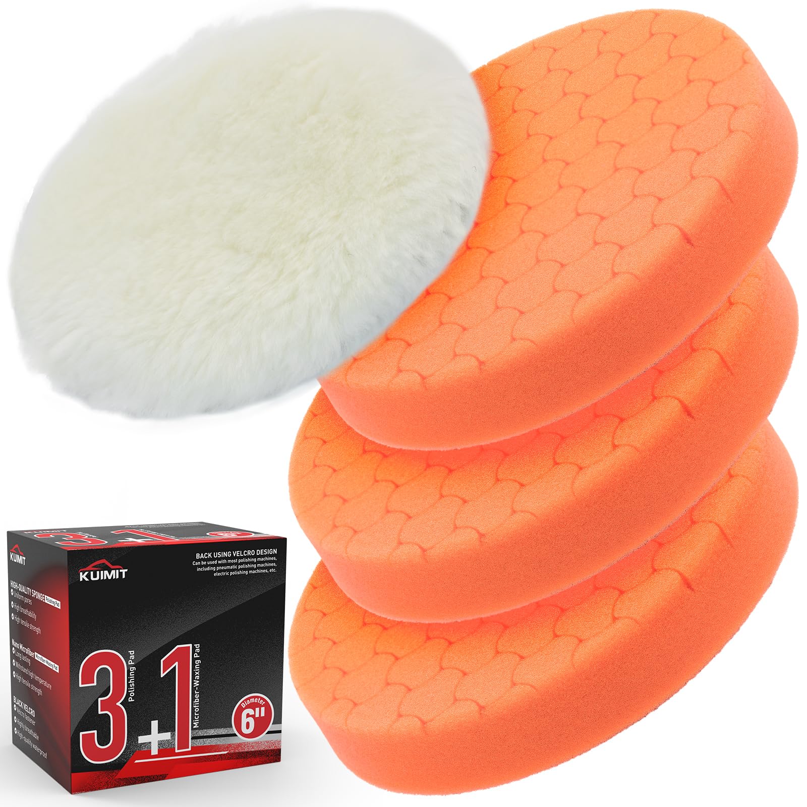 Orange Polish Pad, 3Pcs 6.5 Inch Face for 6 Inch Buffing Polishing Pads and Woolen Pads 150mm Backing Plate Compound Buffing Sponge for Car Buffer Polisher Compounding, Polishing and Waxing