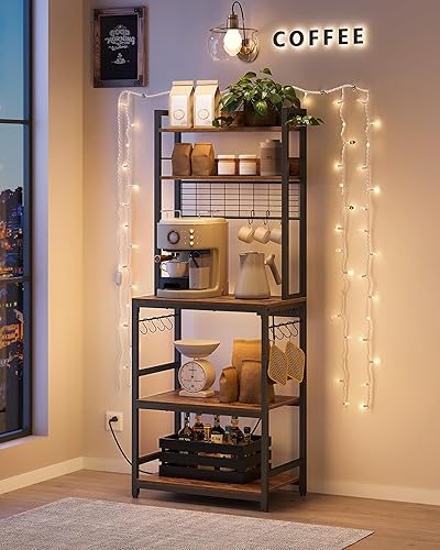 Miniatura 2 de VASAGLE Hutch - Estante para panaderos con toma de corriente, soporte para microondas de 14 ganchos, barra de café ajustable con panel de alambre de