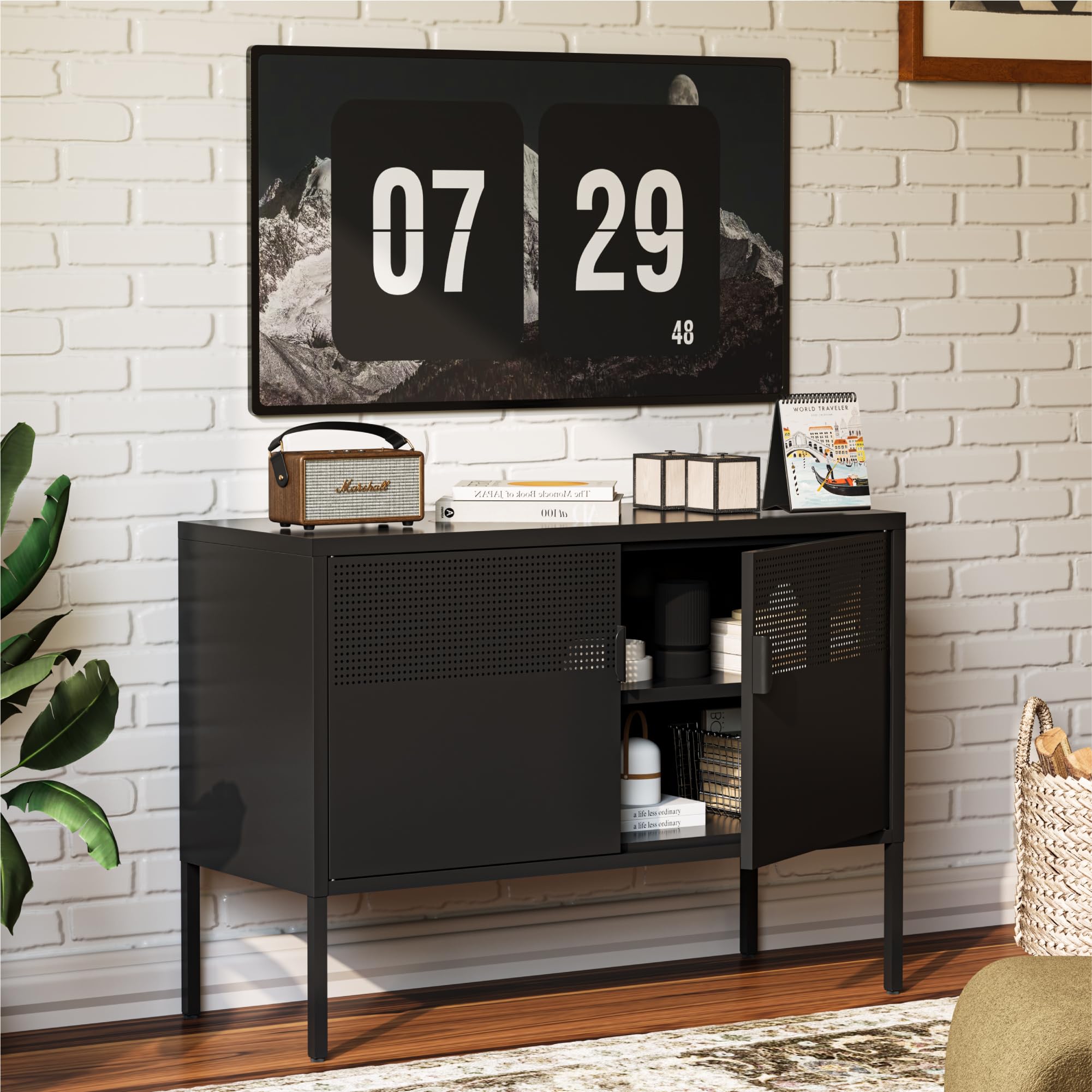 COFaR TV Stand for TVs up to 75 Inch, 40‘’L Media Console with Ventilation Doors, Metal Entertainment Center with Adjustable Shelves &amp; 120Lbs Storage for Living Room &amp; Bedroom, Black
