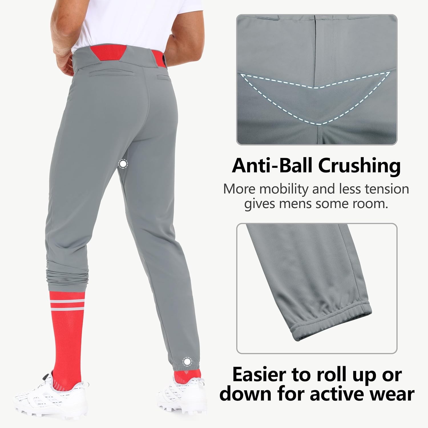 MIVEI Men's Utility Baseball Pants - Adult Youth Side Piped/Braid Dual-Layer Knees Tunnel Belt Loops Training Tapered Pants