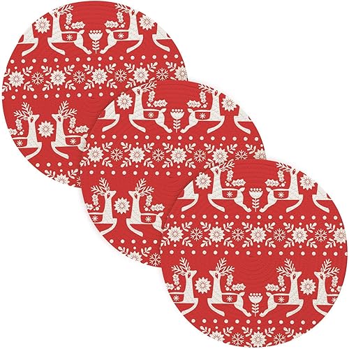 3 Pcs Kitchen Trivet Mat Christmas Pattern Deer Flowers Red for Hot Dishes 15in Cotton Thread Weave Heat Resistant Pad Holder for Cooking Pot Home