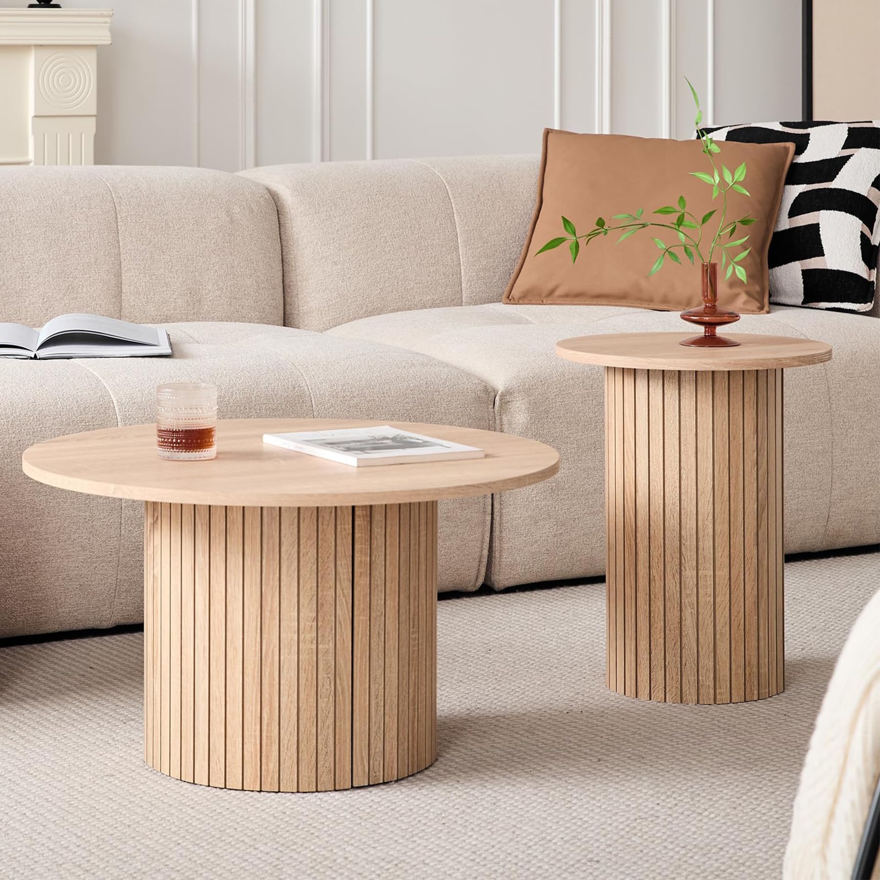 Juego 2 Mesas de Centro Redondas Apilables, Madera Clara | Tablero MDF con Textura de Madera Natural, Fácil Limpieza, Base Cilíndrica Estable, Para Salón, Dormitorio y Cafetería