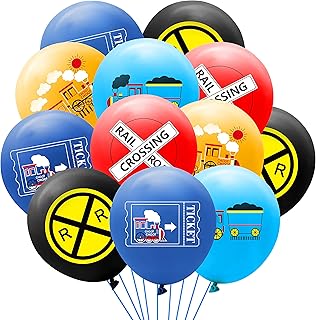 PANTIDE 52 Pcs Railroad Crossing Train Balloons Set 12 Inches Latex Balloons Bouquet with Ribbon Railway Choo Choo Steam Train Traffic Sign Party Decorations Supplies for Kids Birthday Baby Shower