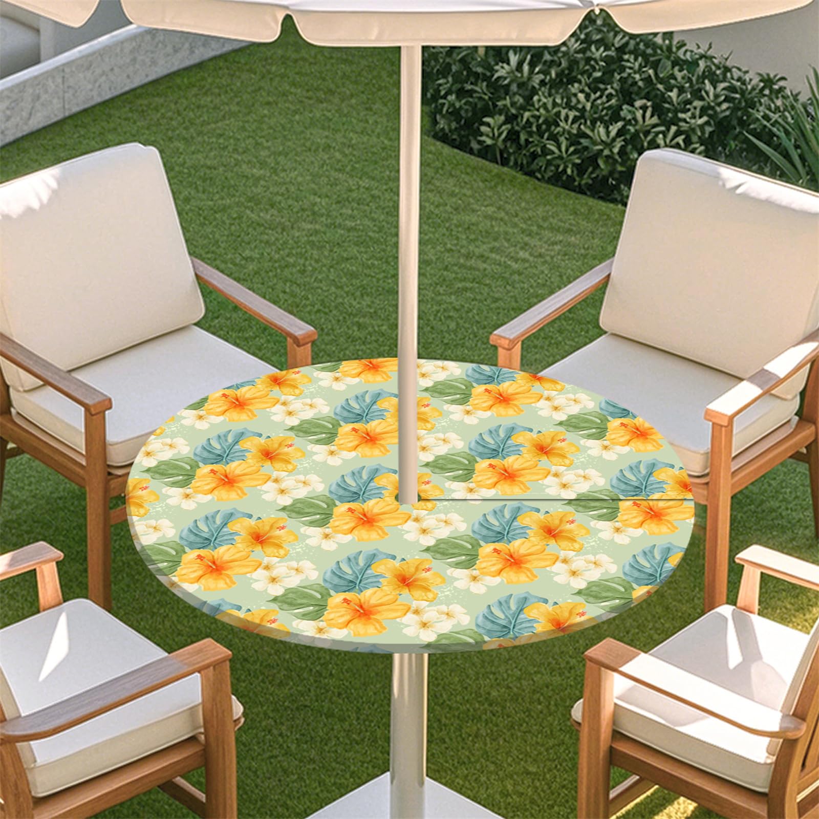 Fasbuy Outdoor Round Tablecloth with Parasol Hole and Zipper, Table Cloth Waterproof Antifouling, 3D Floral Pattern Table Cloth Wipe Clean, Elastic Edge Garden Tablecloths (Orange,45-54inch)