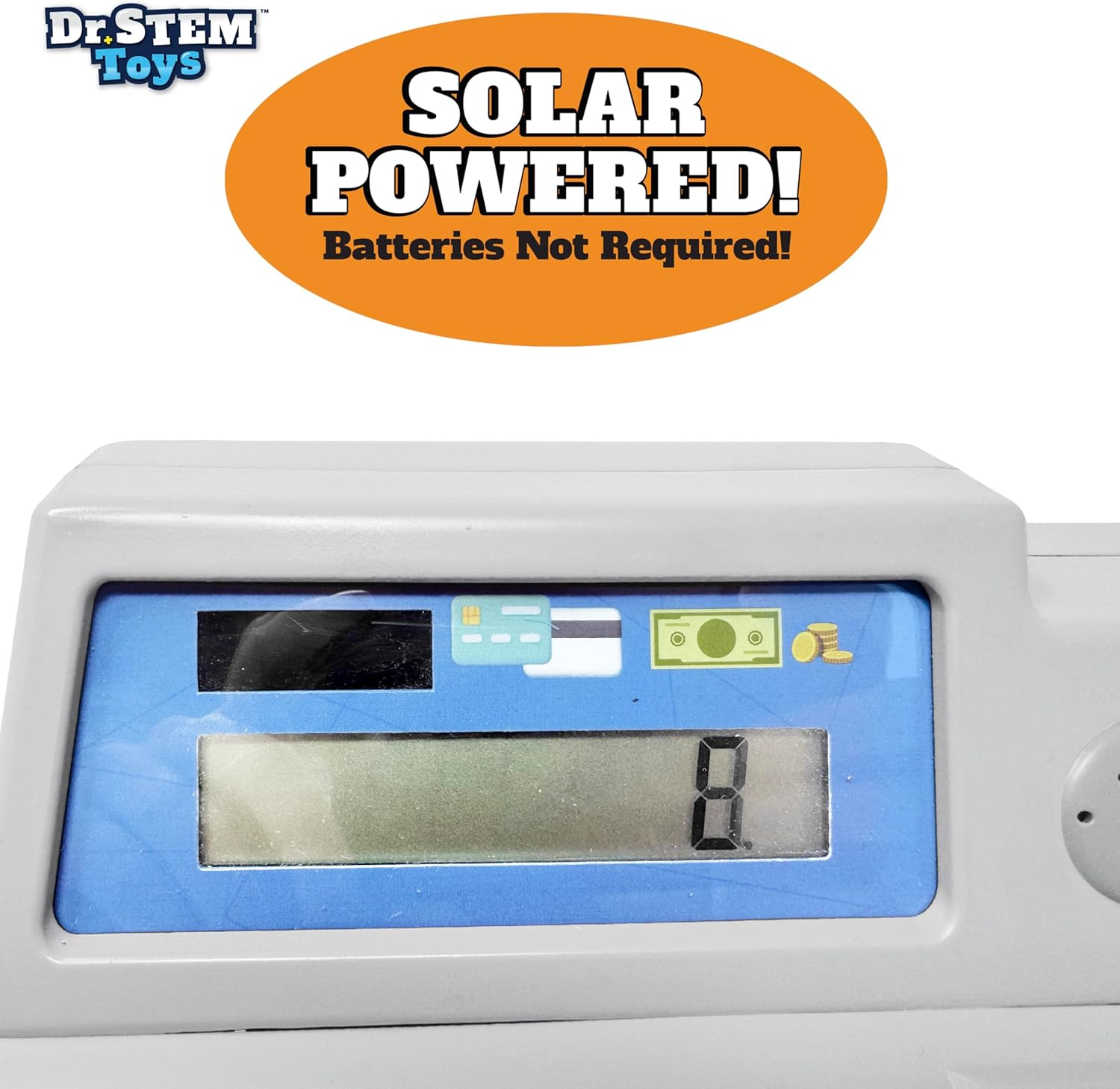 Dr. STEM Toys Solar Powered Calculator Pretend Cash Register with Play Money – 67-Piece Set for Learning Math Skills, STEM Cash Register for Kids (Gray)