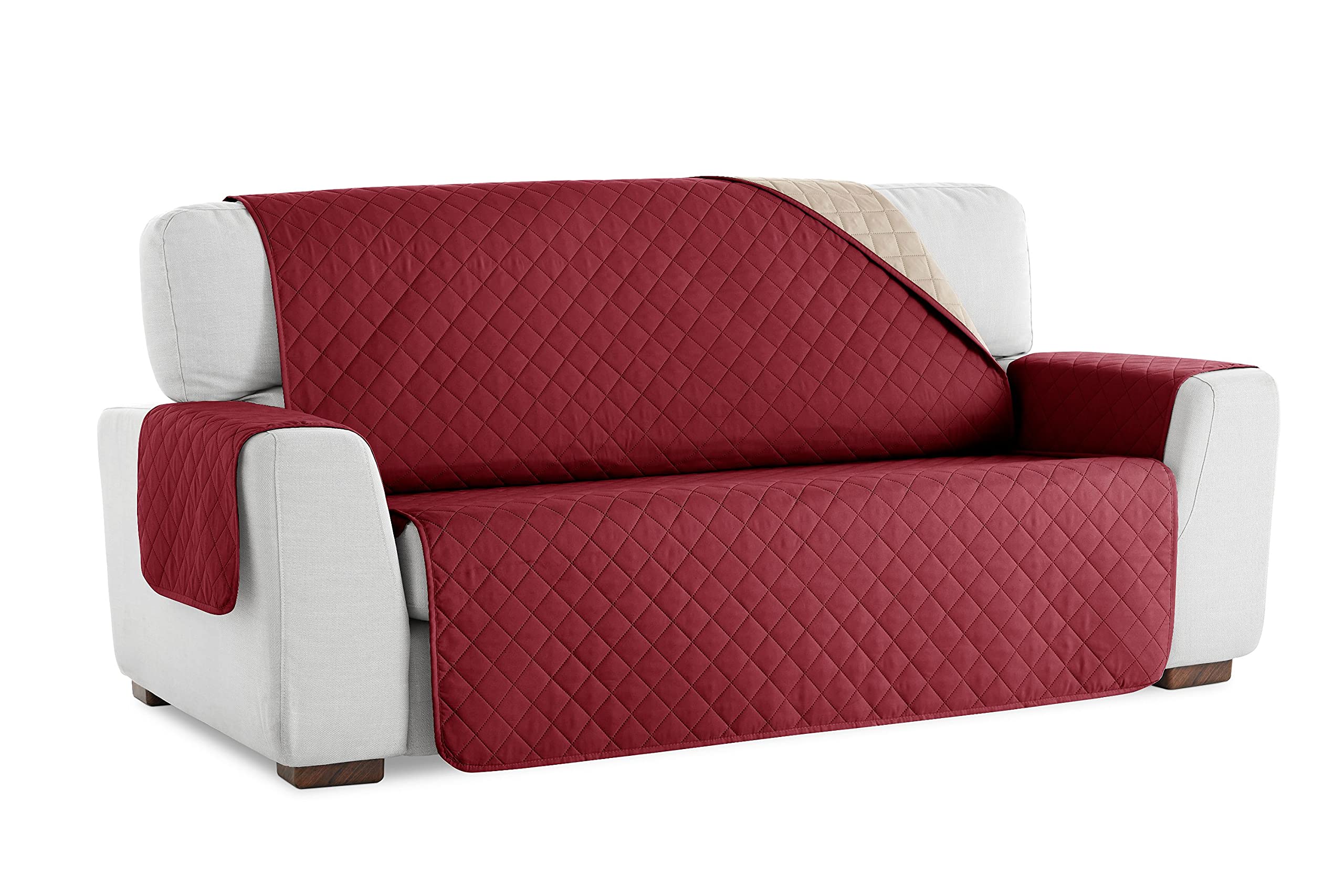 S & T Funda Cubre Sofá Reversible. Protector de Sofá Acolchado Antiácaros Fabricado en España Poliéster 100% (2 Plazas, Rojo)