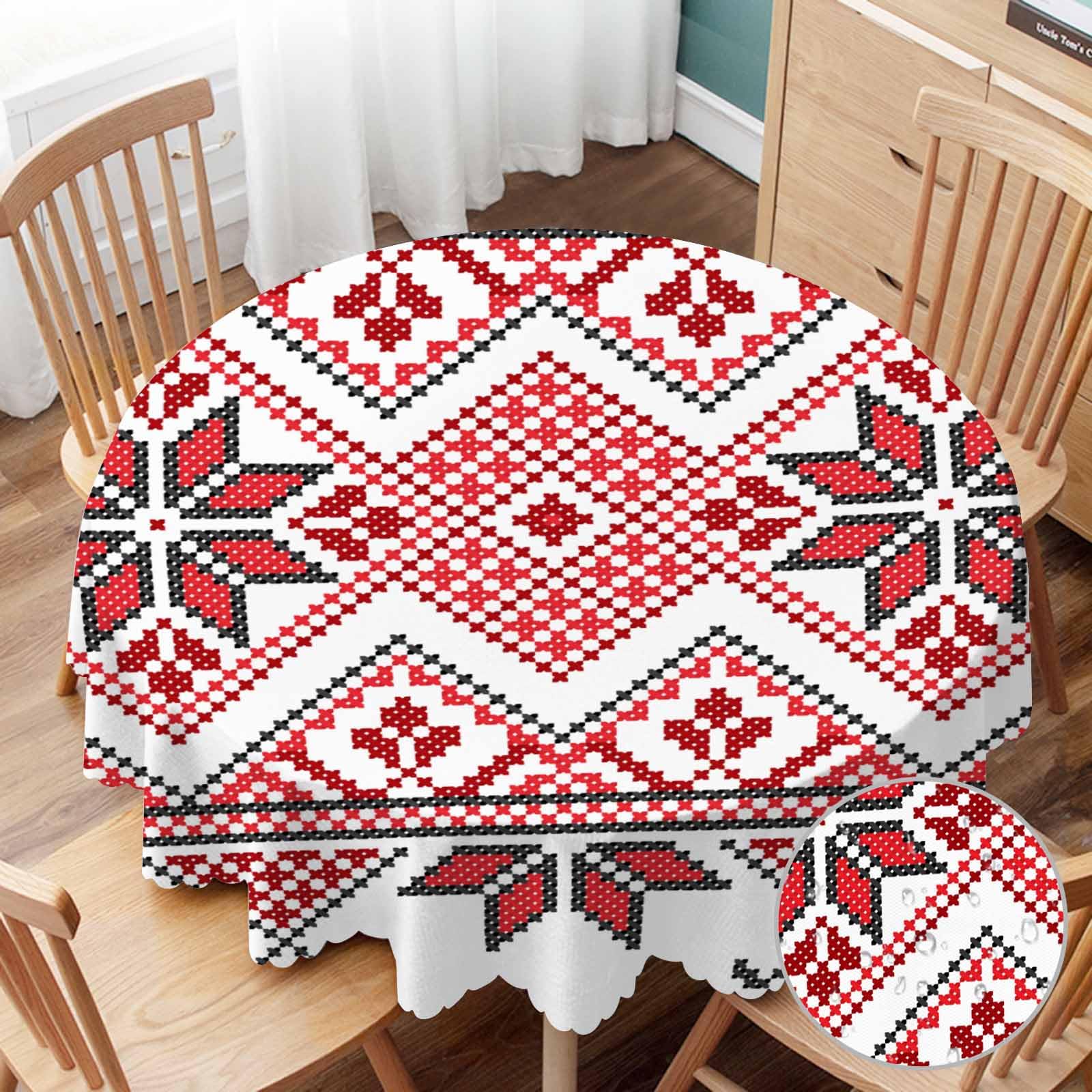 Yibeas Tablecloth Round Embroidered Texture Table Cloth Cross-Stitch Ethnic Ukraine Pattern Table Cover for Dining Room Kitchen Decoration Round